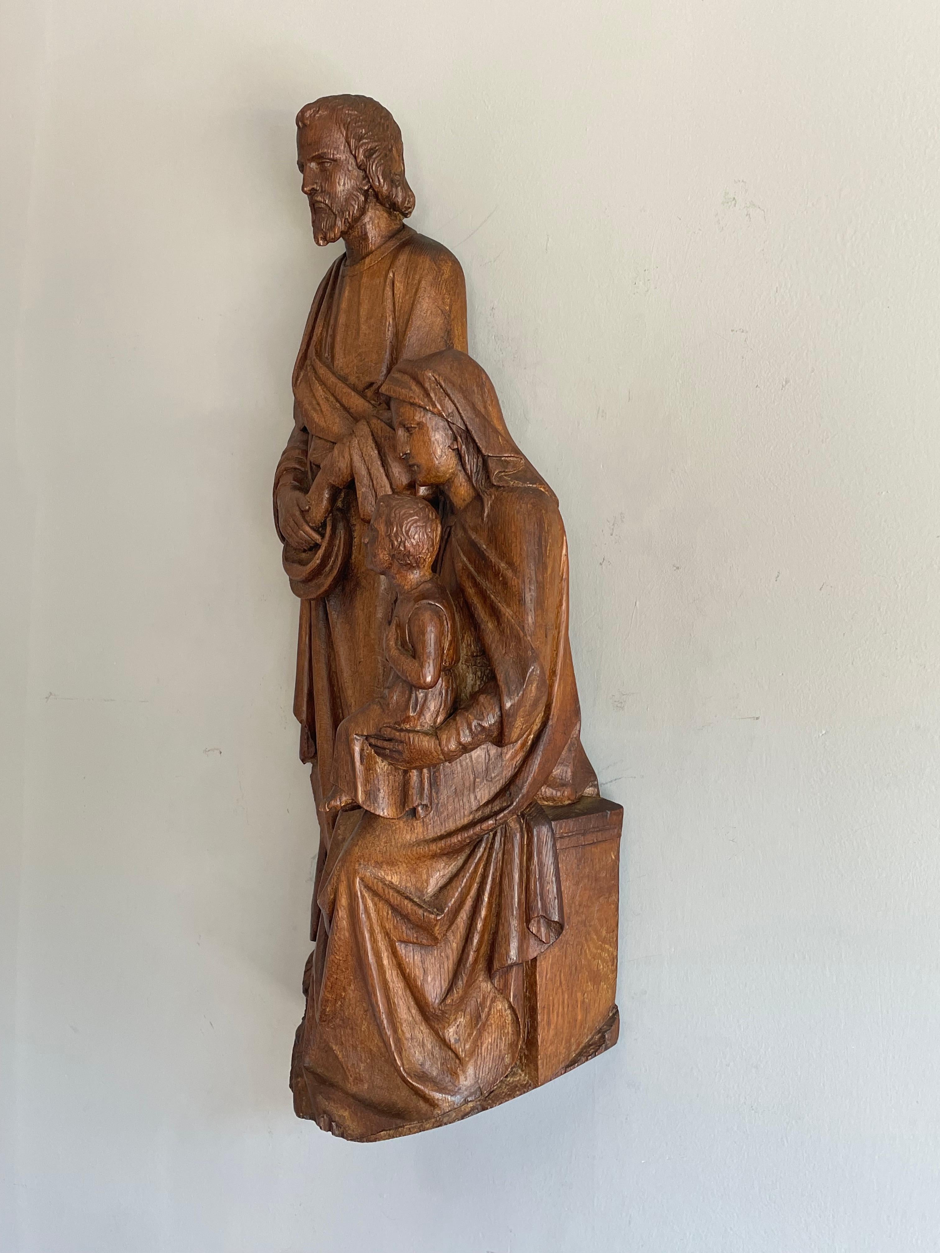 Antique Oak Church Wall Sculpture of Joseph, Mary & Child Jesus Raising Fingers 11
