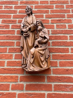 Antique Oak Church Wall Sculpture of Joseph, Mary & Child Jesus Raising Fingers