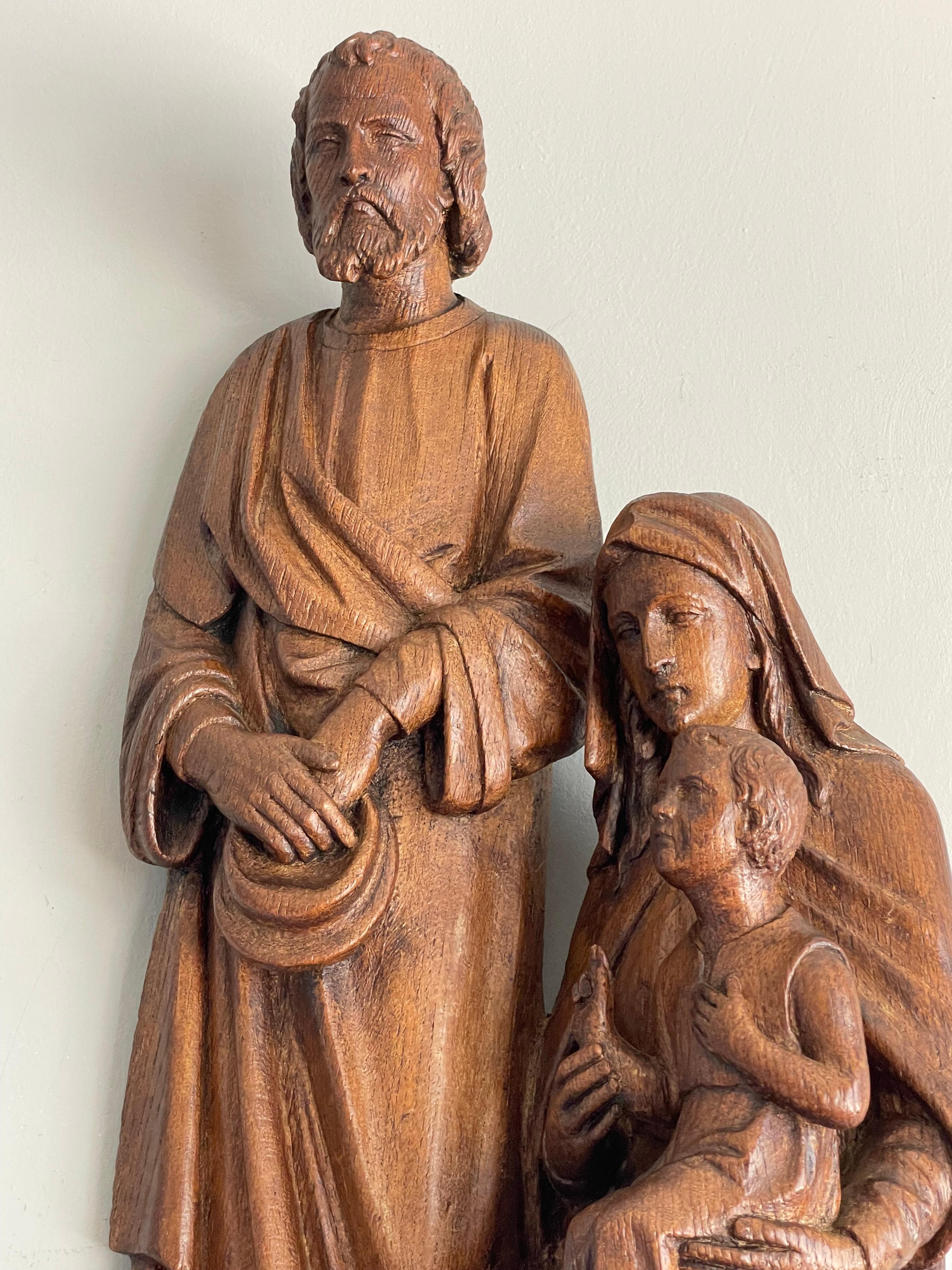 Antique Oak Church Wall Sculpture of Joseph, Mary & Child Jesus Raising Fingers 12