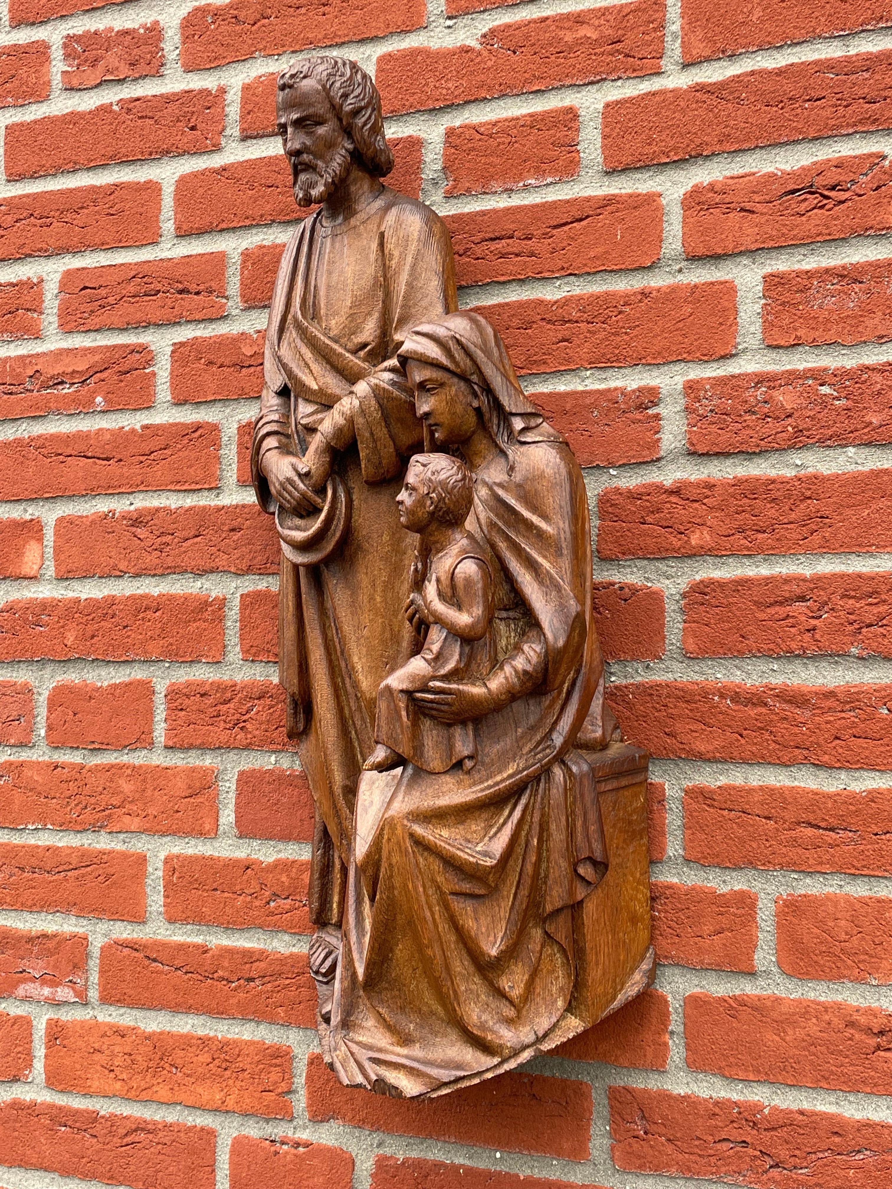 Gothic Revival Antique Oak Church Wall Sculpture of Joseph, Mary & Child Jesus Raising Fingers