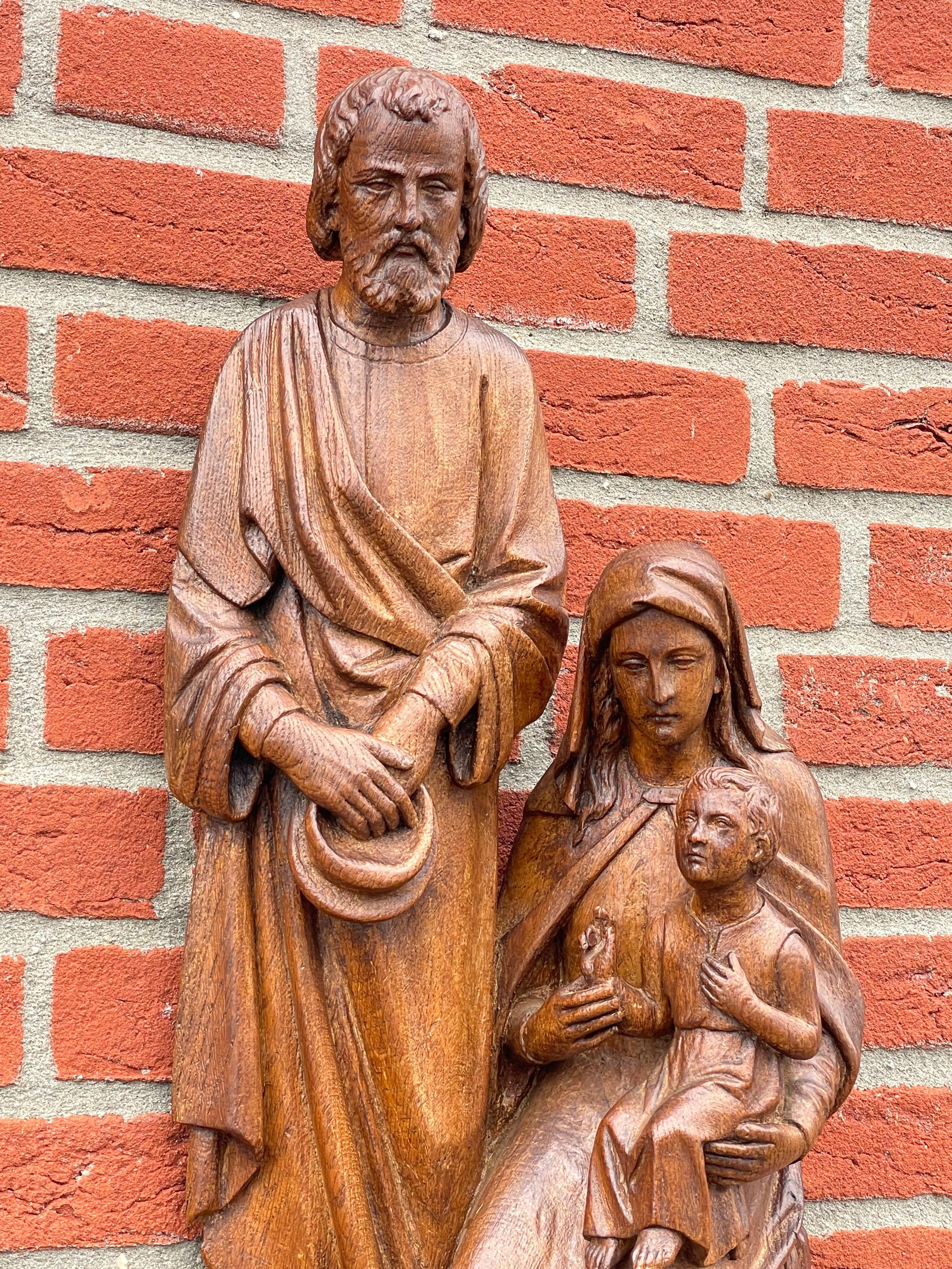 European Antique Oak Church Wall Sculpture of Joseph, Mary & Child Jesus Raising Fingers