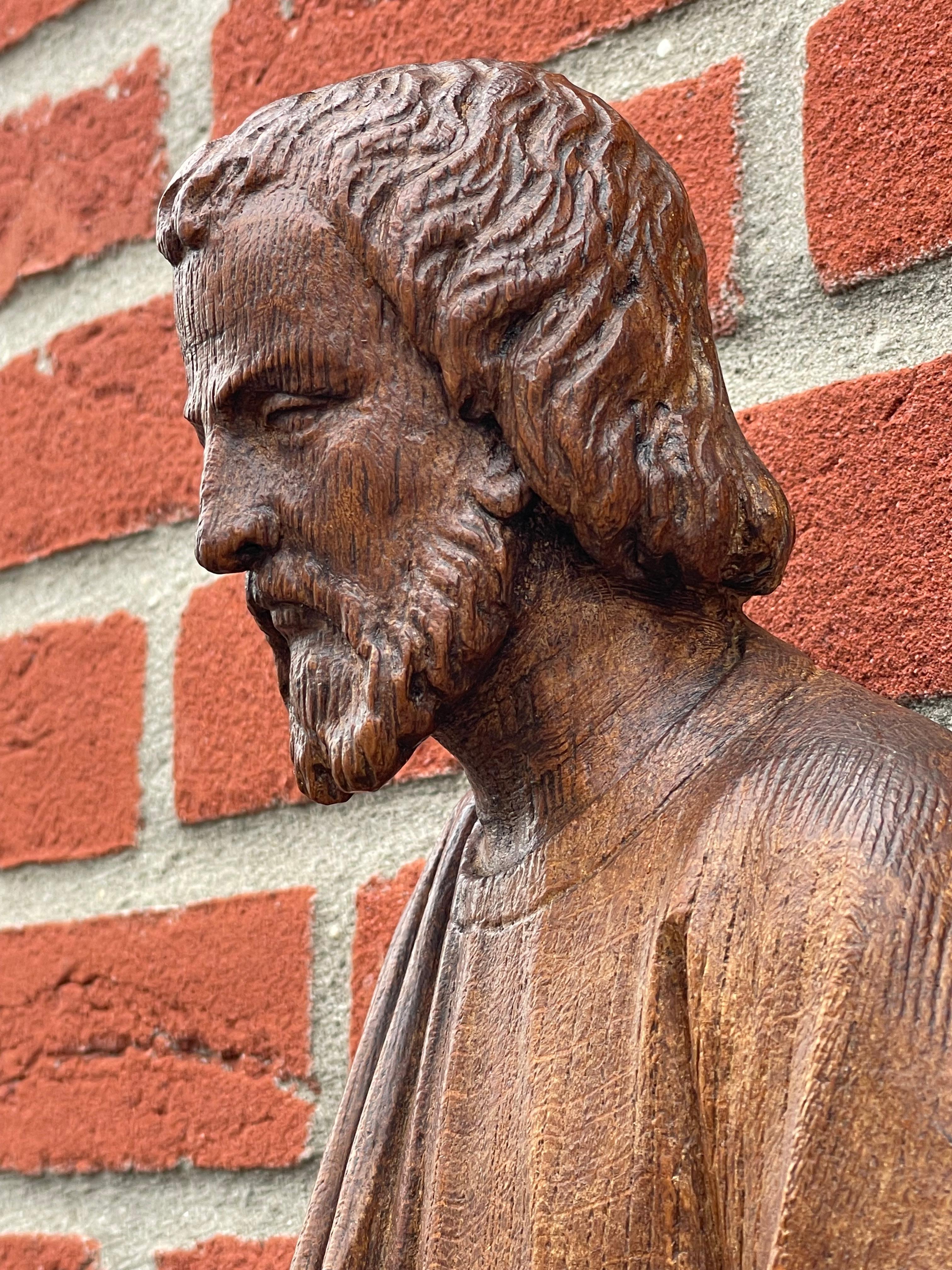 Patinated Antique Oak Church Wall Sculpture of Joseph, Mary & Child Jesus Raising Fingers