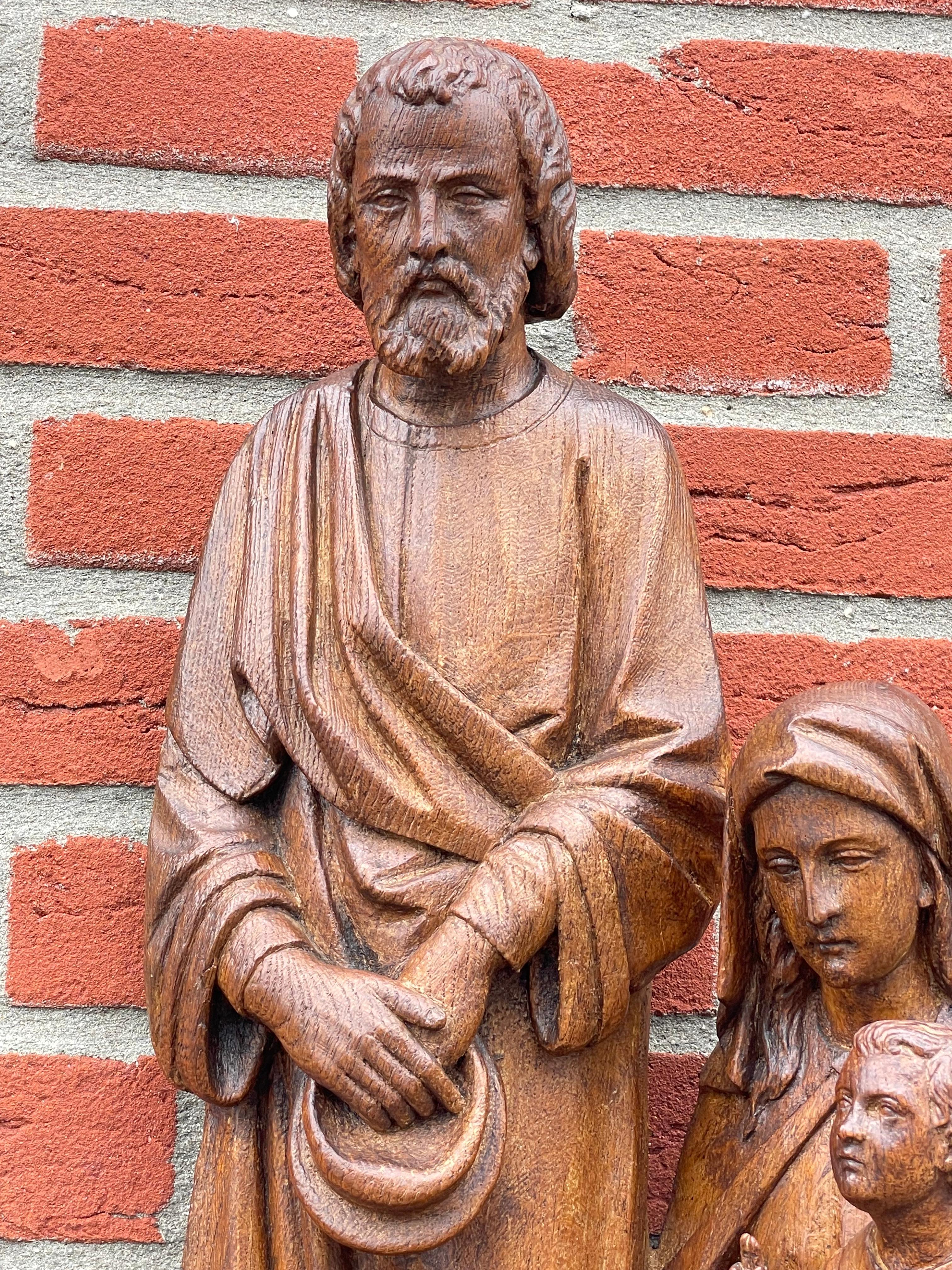 Antique Oak Church Wall Sculpture of Joseph, Mary & Child Jesus Raising Fingers In Good Condition In Lisse, NL