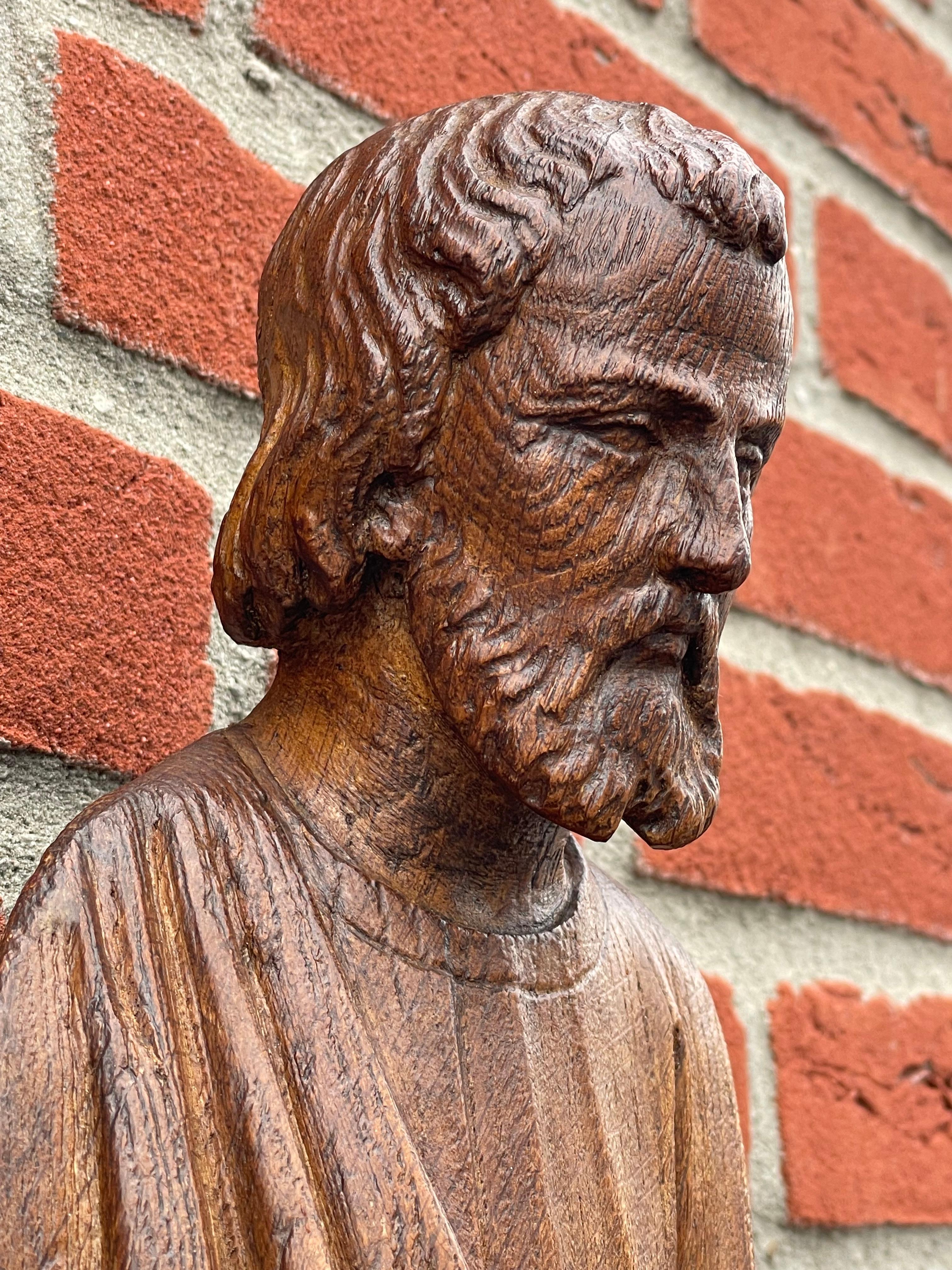19th Century Antique Oak Church Wall Sculpture of Joseph, Mary & Child Jesus Raising Fingers