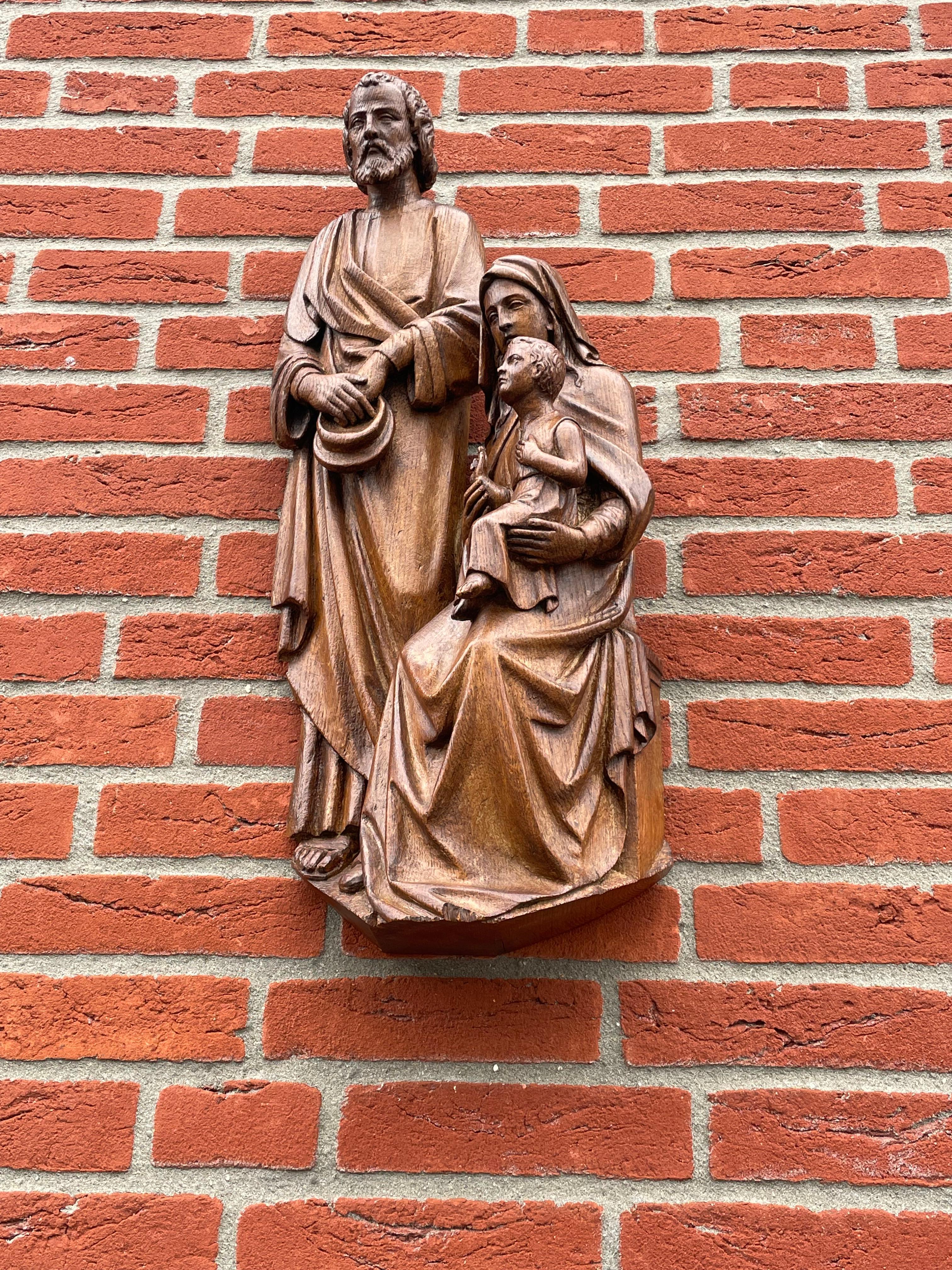 Antique Oak Church Wall Sculpture of Joseph, Mary & Child Jesus Raising Fingers 1
