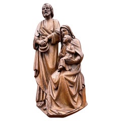 Antique Oak Church Wall Sculpture of Joseph, Mary & Child Jesus Raising Fingers