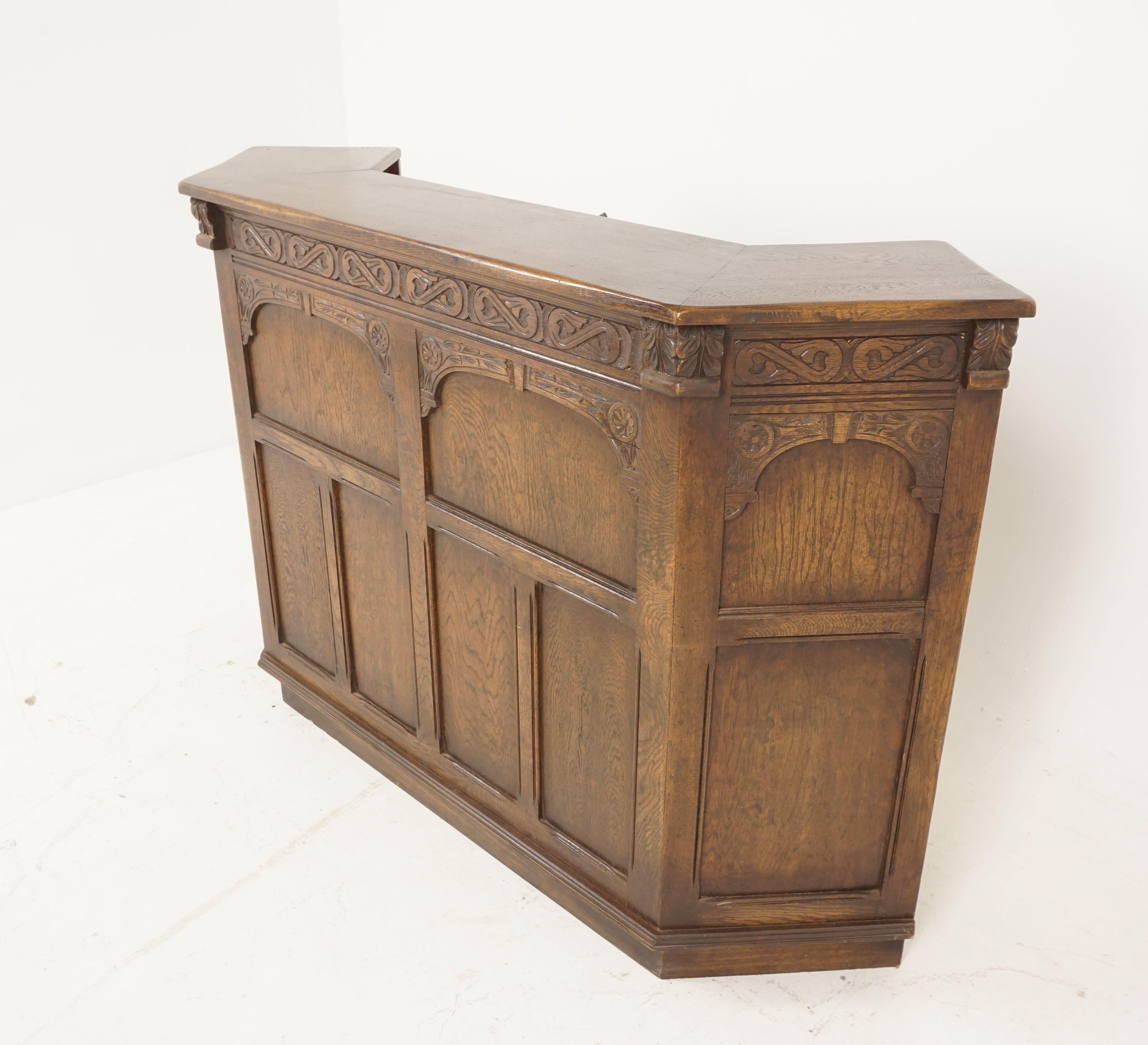 Antique oak cocktail bar, carved oak home bar, antique furniture, Scotland, 1930

Scotland, 1930
Solid oak
Original finish
Moulded top with a canted angled shape on the ends
Carved frieze below top
Paneled carved front and ends
Standing on a