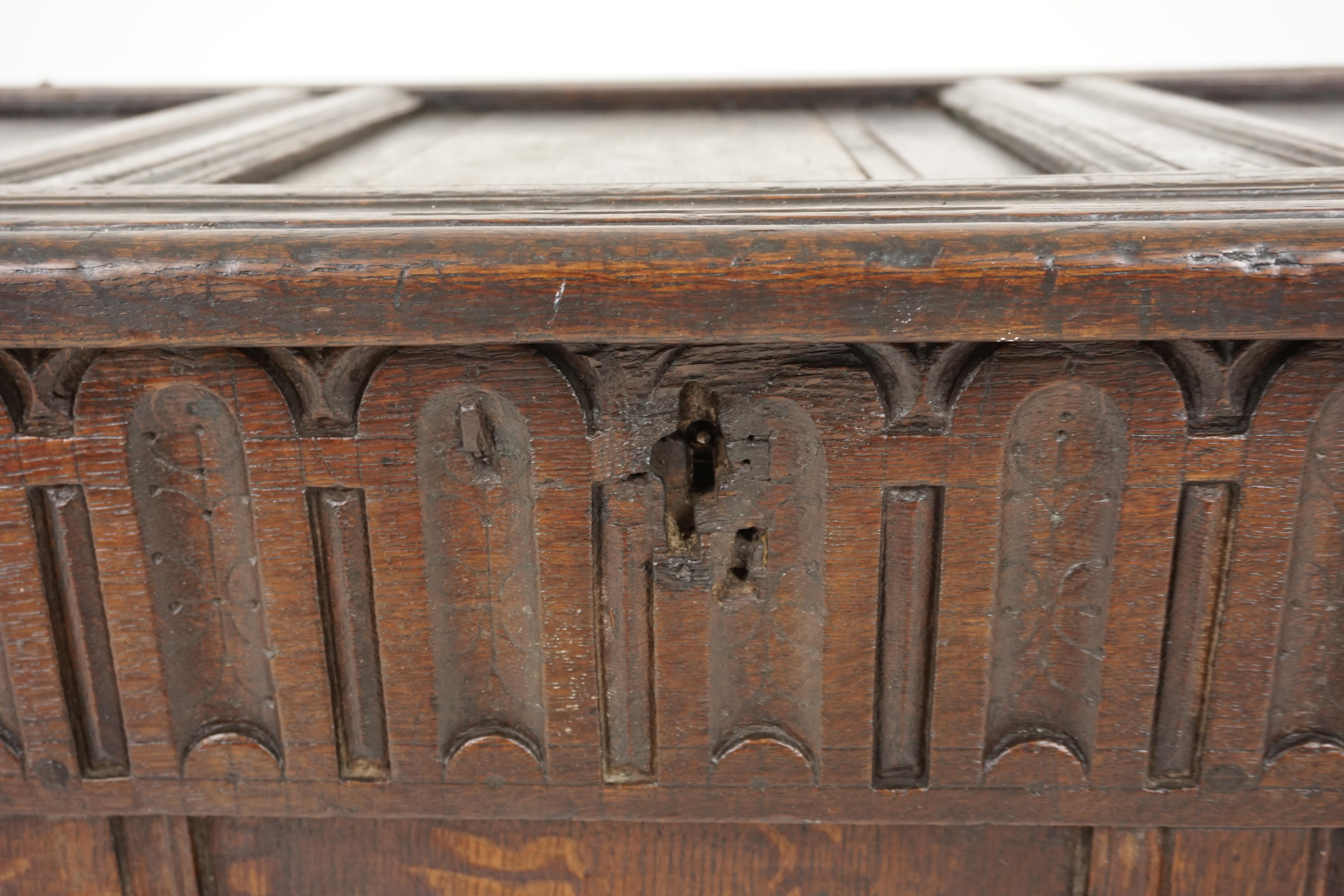 Antique oak coffer, Georgian Kist Trunk, Antique Furniture, Scotland 1780, B1842

Scotland, 1780
Solid oak
Original finish
Triple panel top
Typical carved frieze to the top
With Three vertical panels to the front
The lid with scribed edge