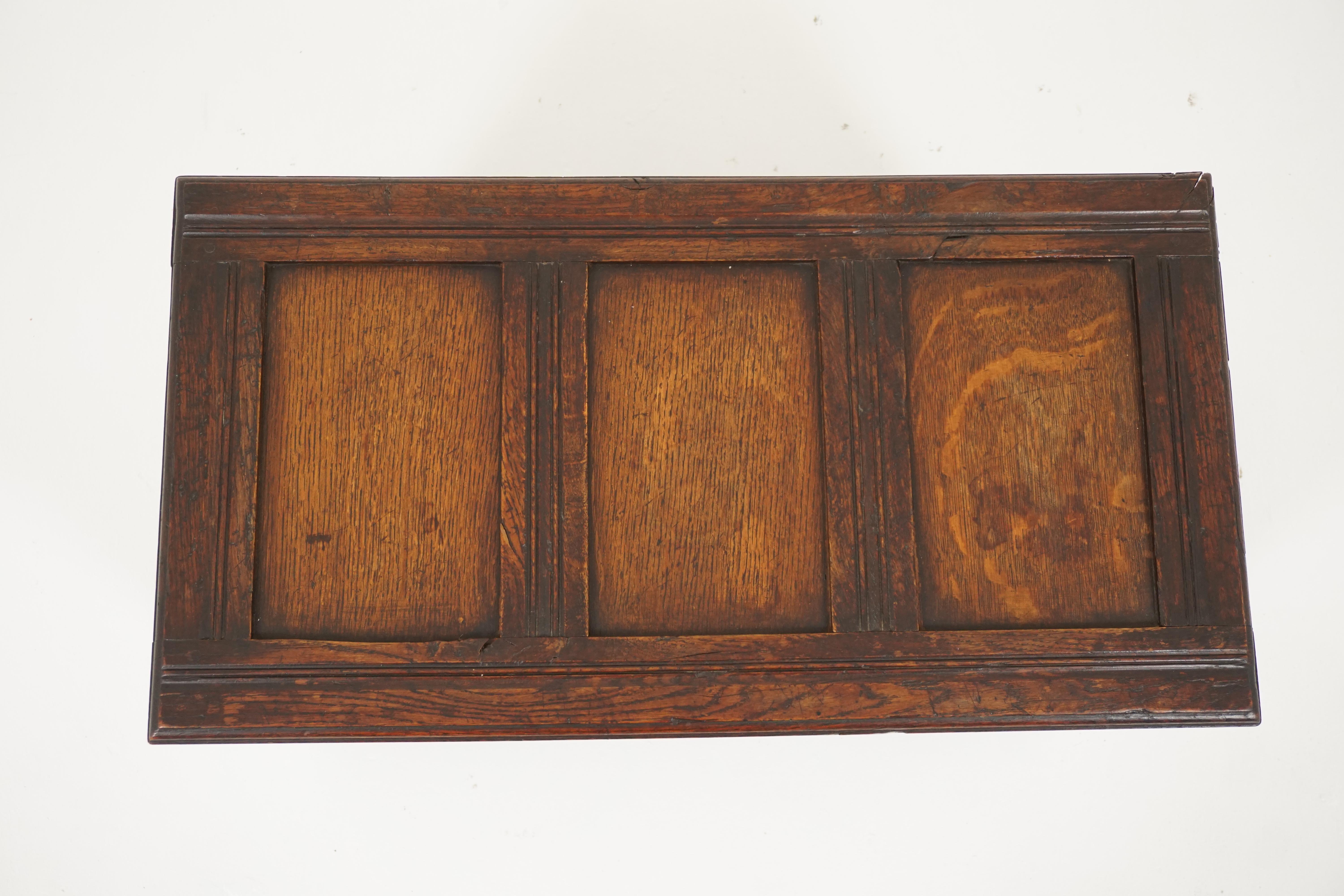 Antique oak coffer, kist, or trunk, antique furniture, Scotland, 1910, B1944

Scotland, 1910
Solid oak
Original finish
Triple-panel top
Three vertical panels to the front
The lid with scribed edge
Lid opens to reveal generous storage