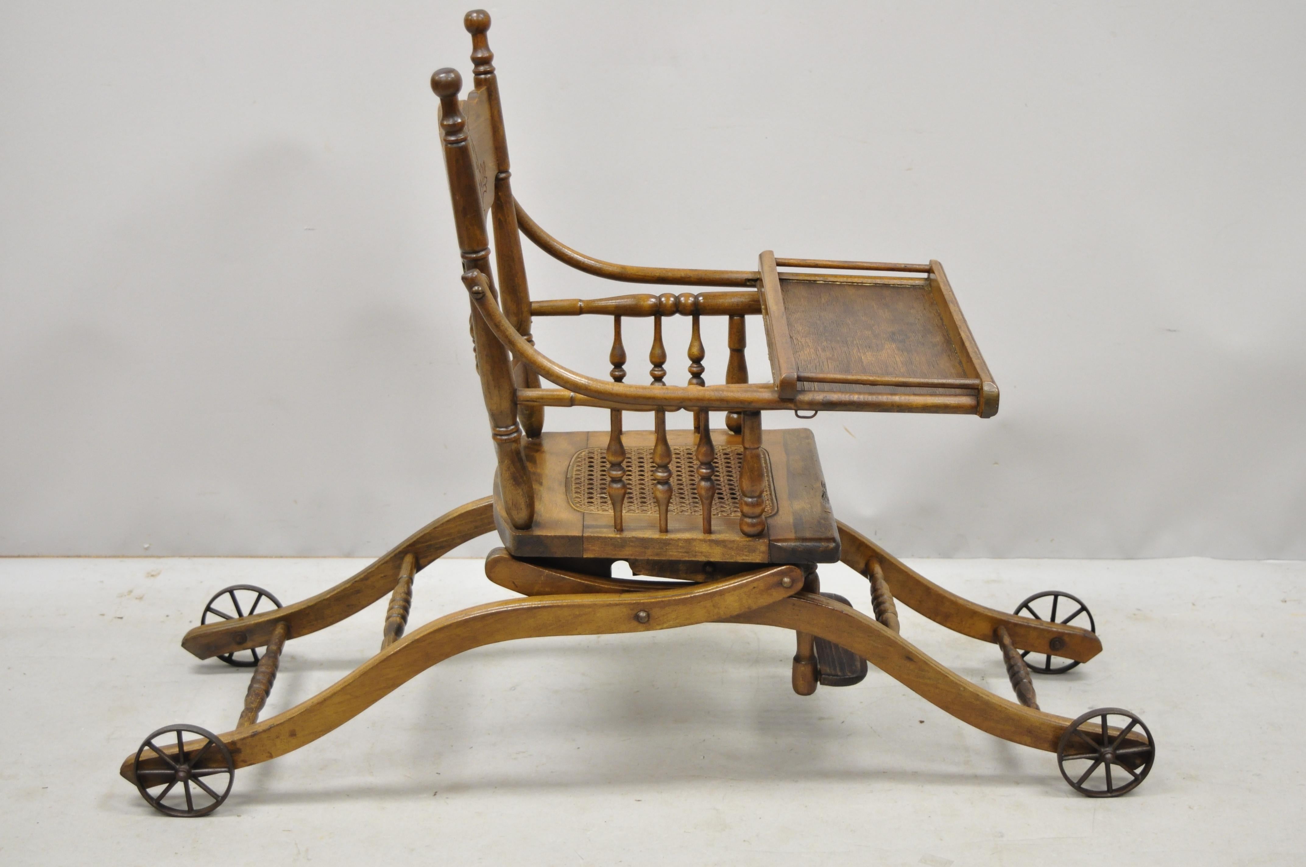 Antique Oak Convertible Pressed Back Victorian High Chair Baby Stroller For Sale 2