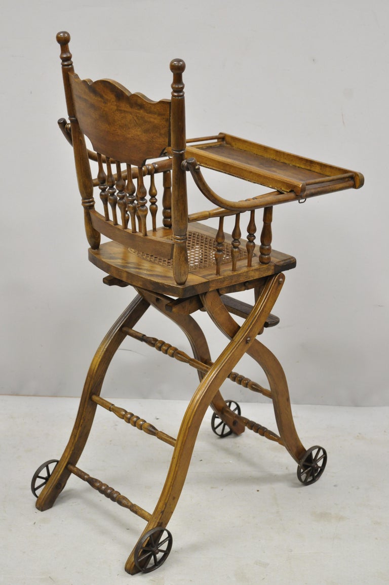 Antique Oak Convertible Pressed Back Victorian High Chair Baby Stroller For Sale 7