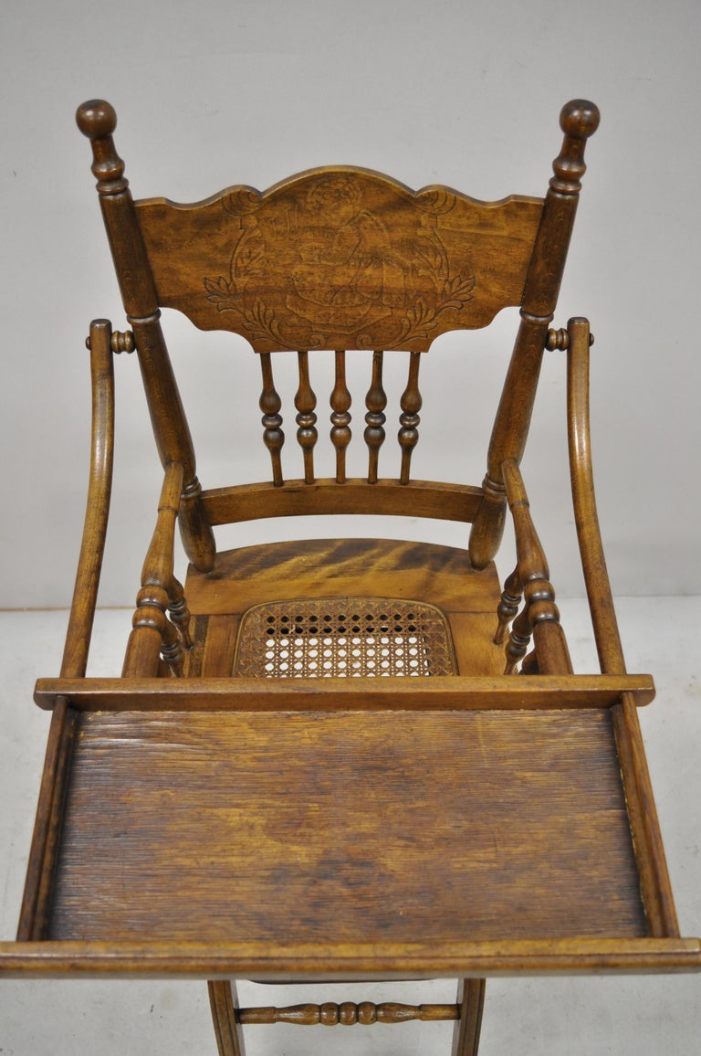 20th Century Antique Oak Convertible Pressed Back Victorian High Chair Baby Stroller For Sale
