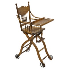 Antique Oak Convertible Pressed Back Victorian High Chair Baby Stroller