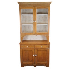 Antique Oak Country Farmhouse Stepback Cupboard Hutch Display Cabinet 84"