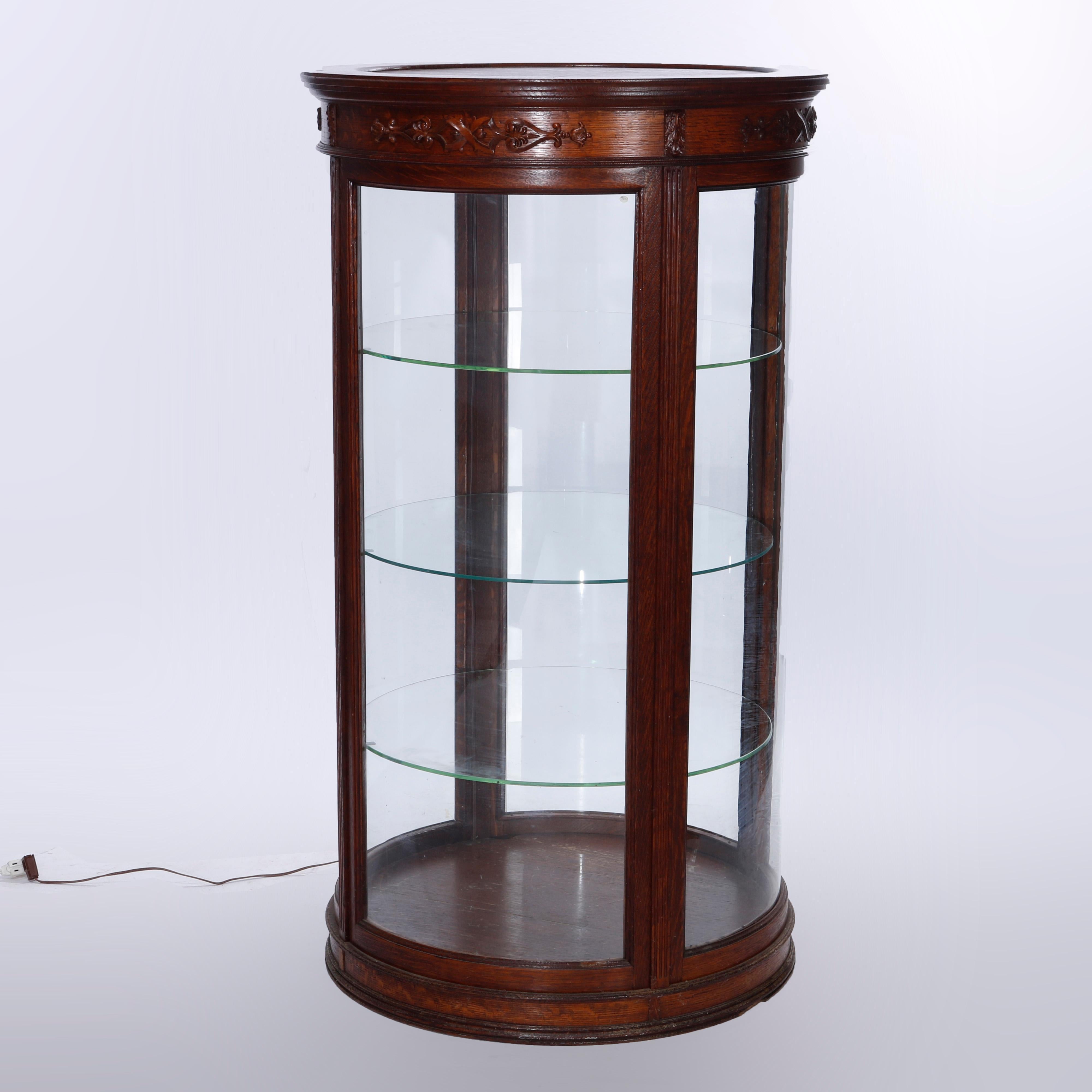 20ième siècle Vitrine à bijoux en chêne antique en forme de vitrine de magasin de campagne en verre incurvé, C1900 en vente
