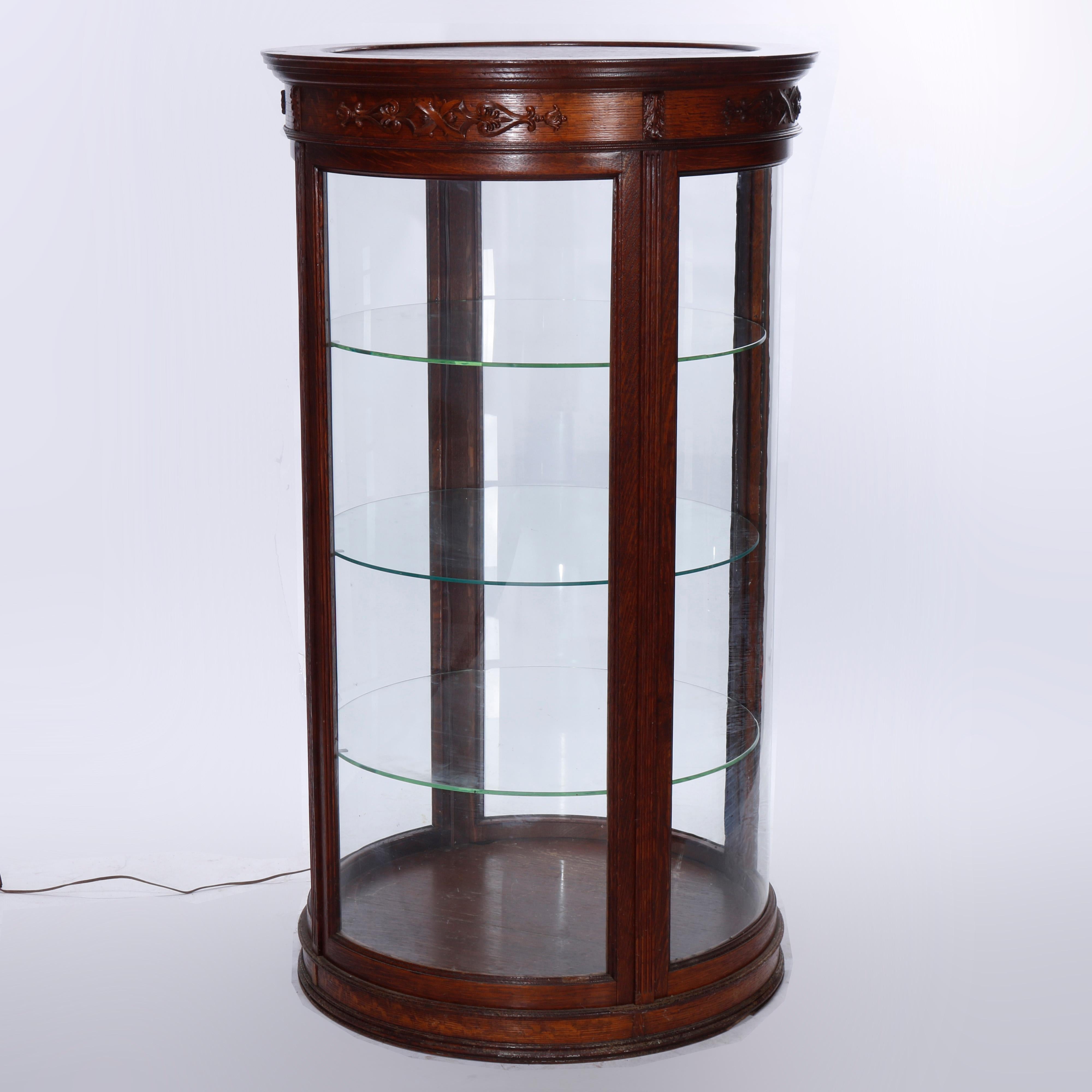 Chêne Vitrine à bijoux en chêne antique en forme de vitrine de magasin de campagne en verre incurvé, C1900 en vente