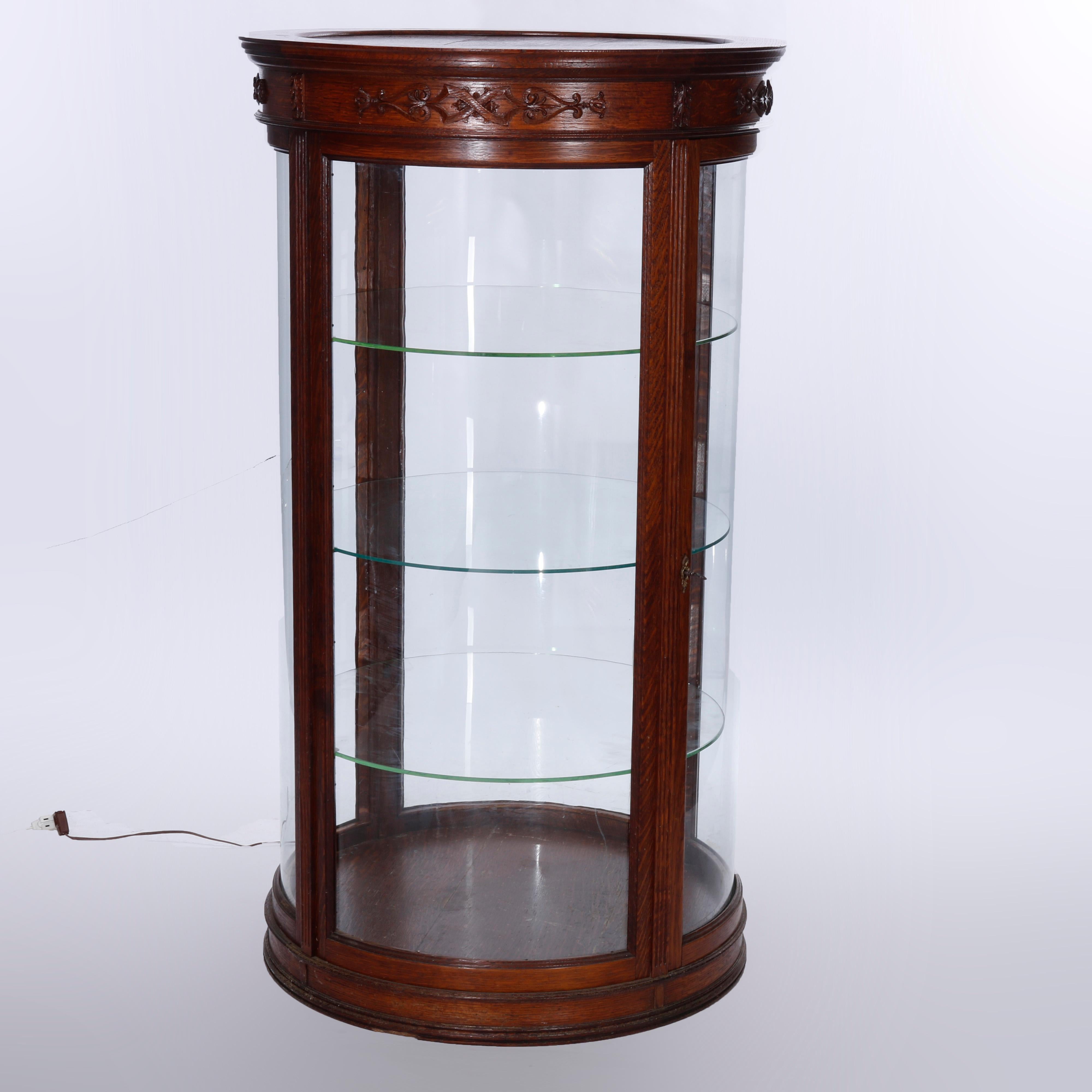 Vitrine à bijoux en chêne antique en forme de vitrine de magasin de campagne en verre incurvé, C1900 en vente 1