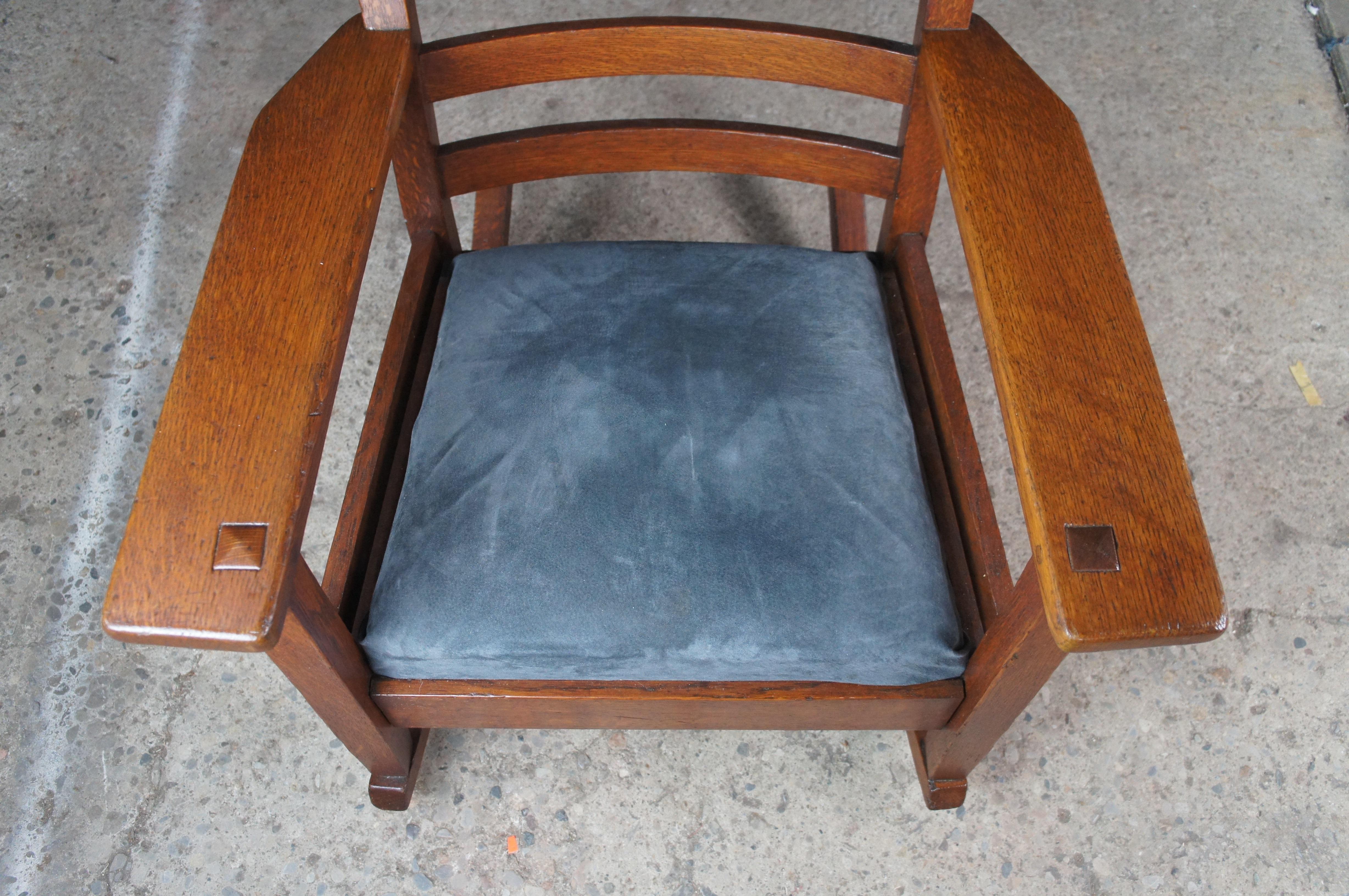 Antike Eiche Craft Mission Arts & Crafts Schaukelstuhl Schaukelstuhl Wildleder Sitz Michigan im Angebot 3