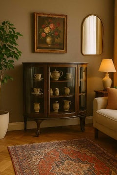 Antique Oak Curved Glass China Cabinet with Claw Feet, Early 20th Century