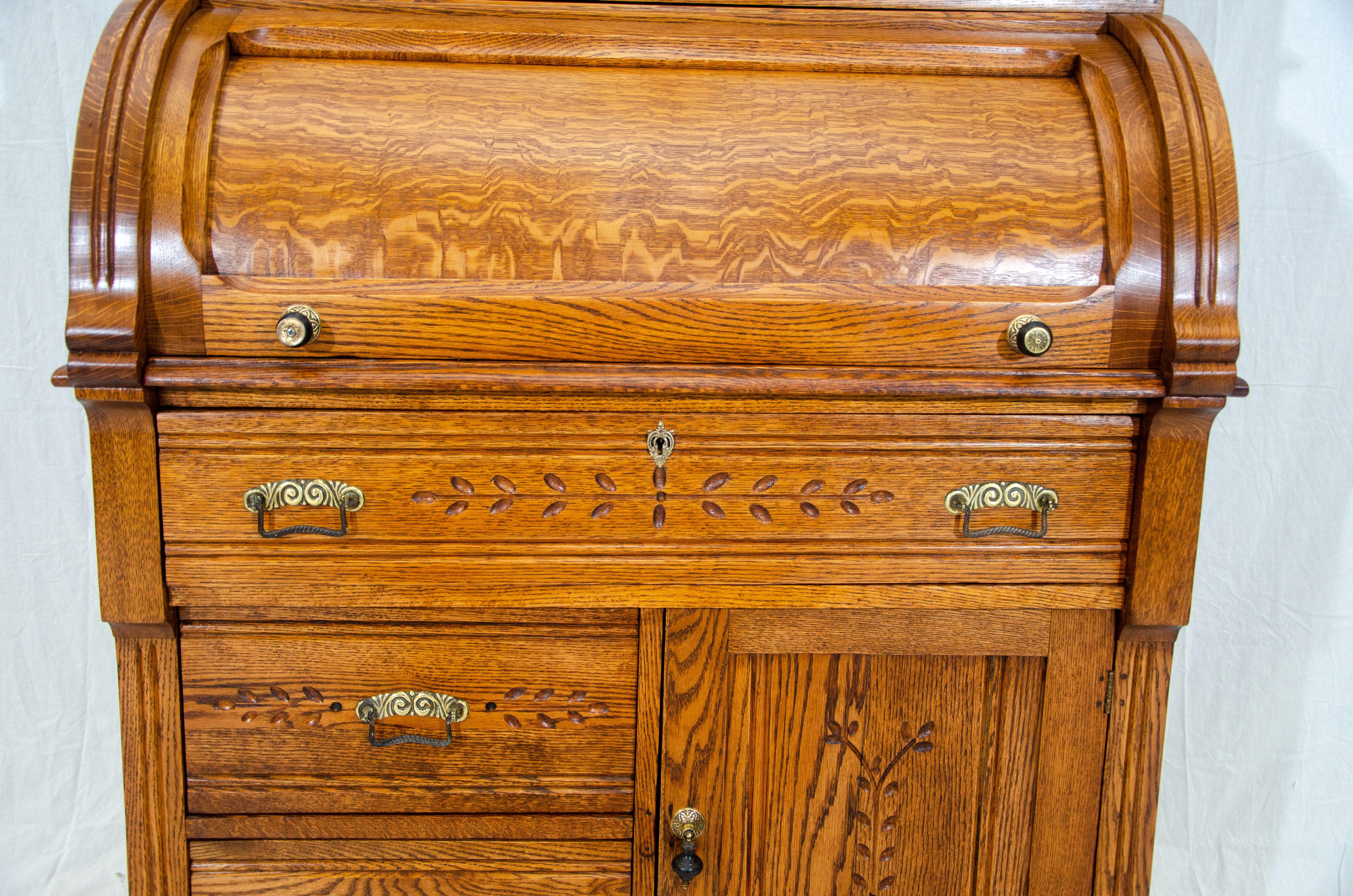 Antique Oak Cylinder Desk with Bookcase Top, Eastlake Victorian 3
