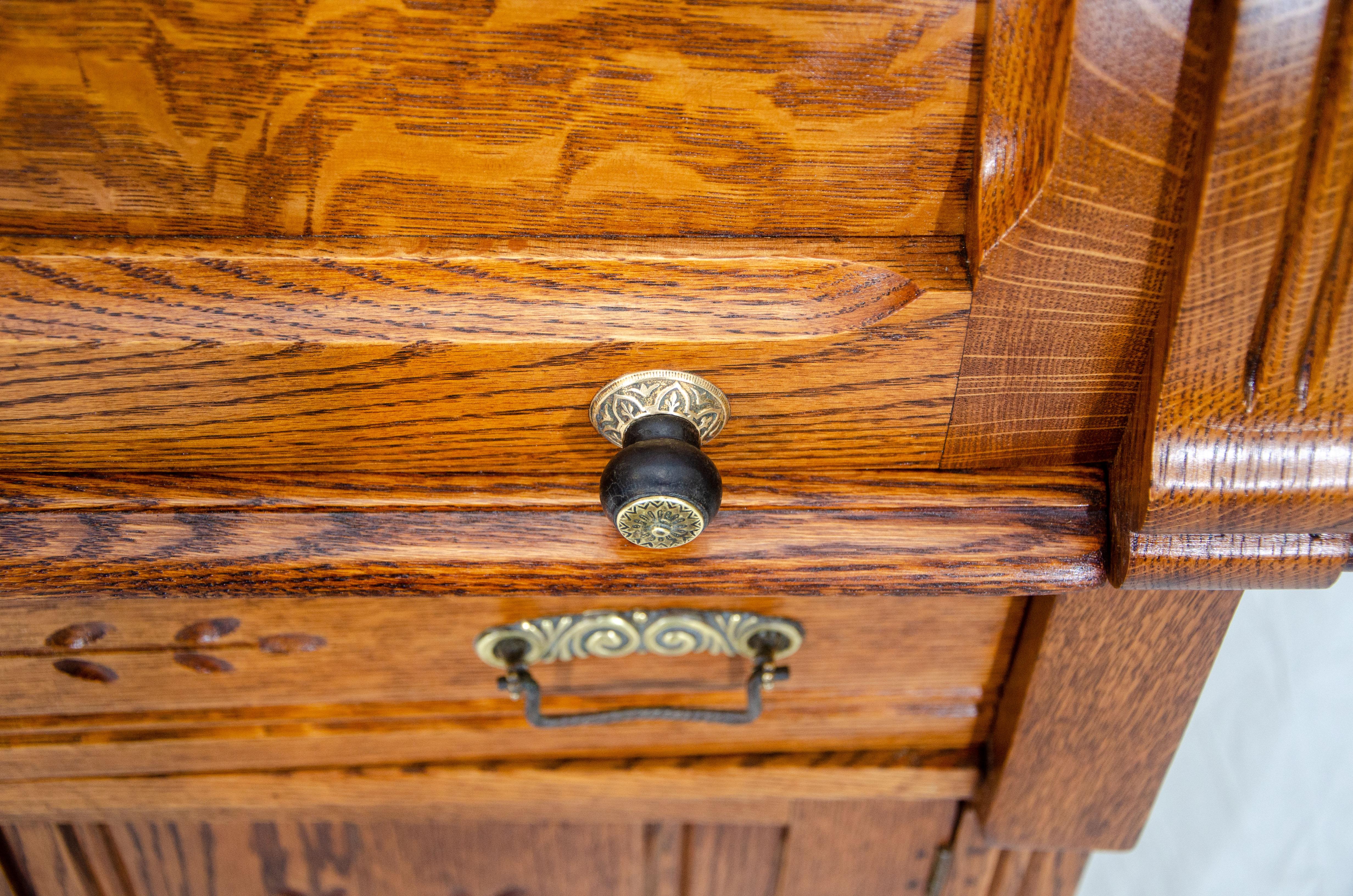 Antique Oak Cylinder Desk with Bookcase Top, Eastlake Victorian 9