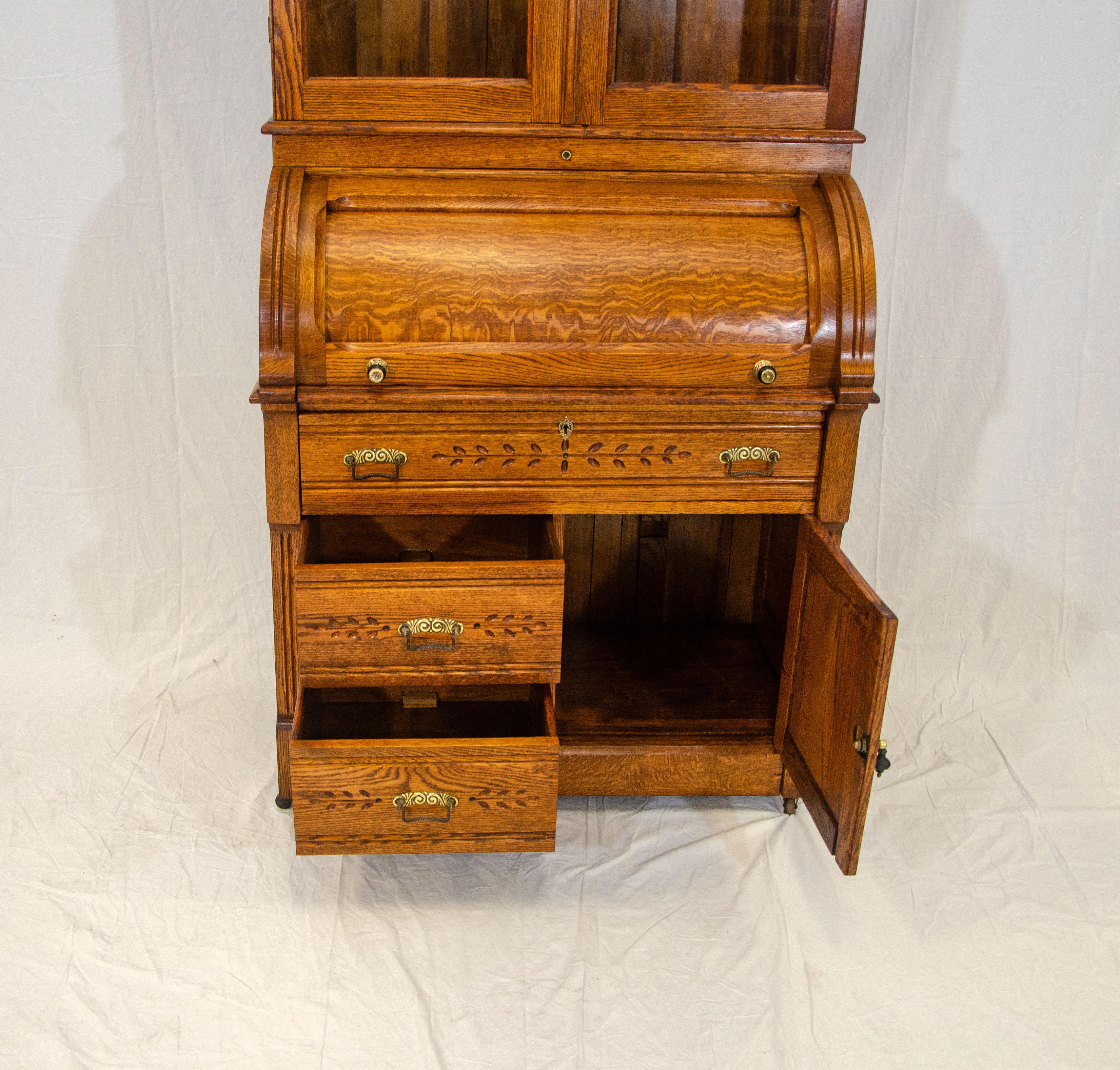 Antique Oak Cylinder Desk with Bookcase Top, Eastlake Victorian 11