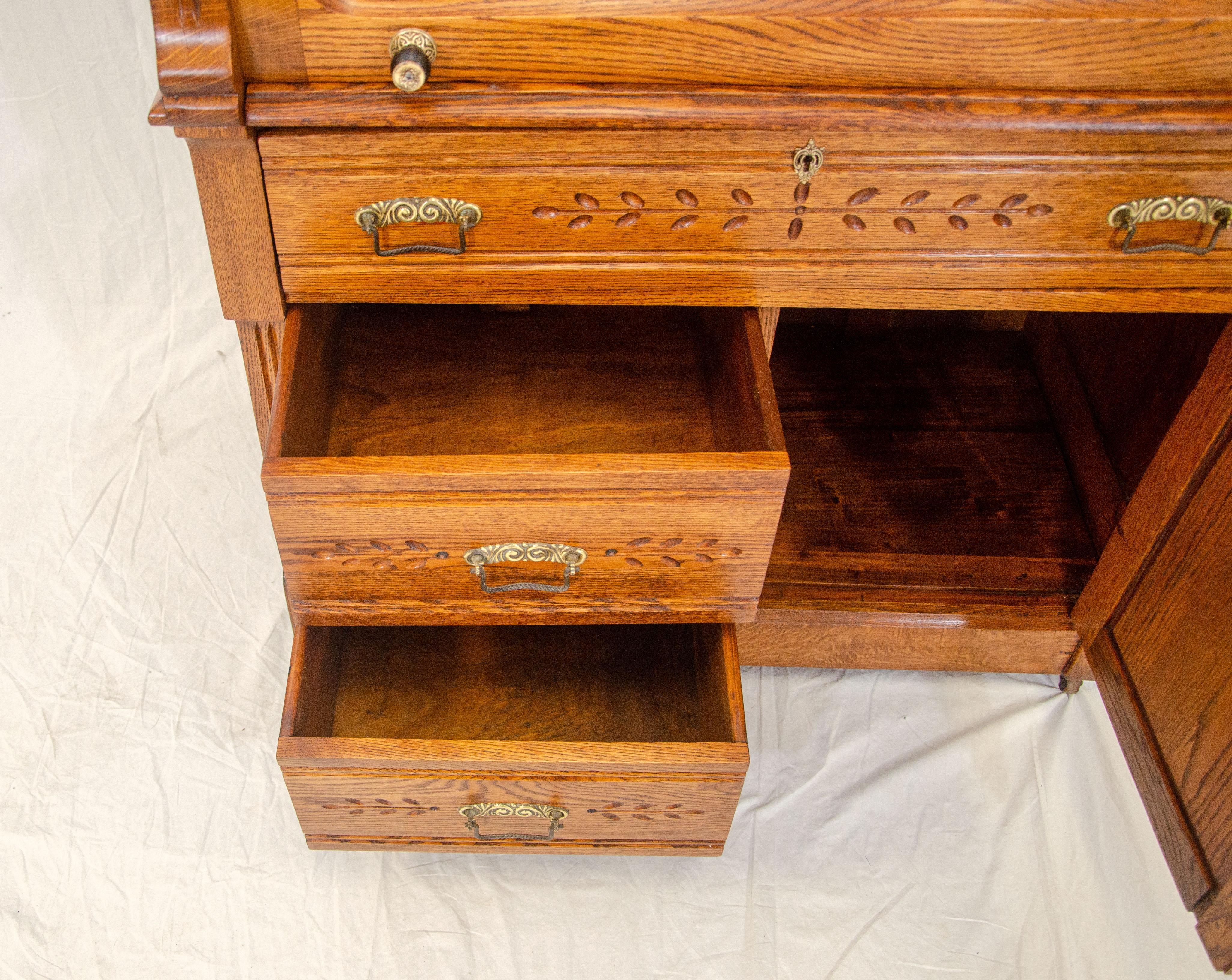 Antique Oak Cylinder Desk with Bookcase Top, Eastlake Victorian 12