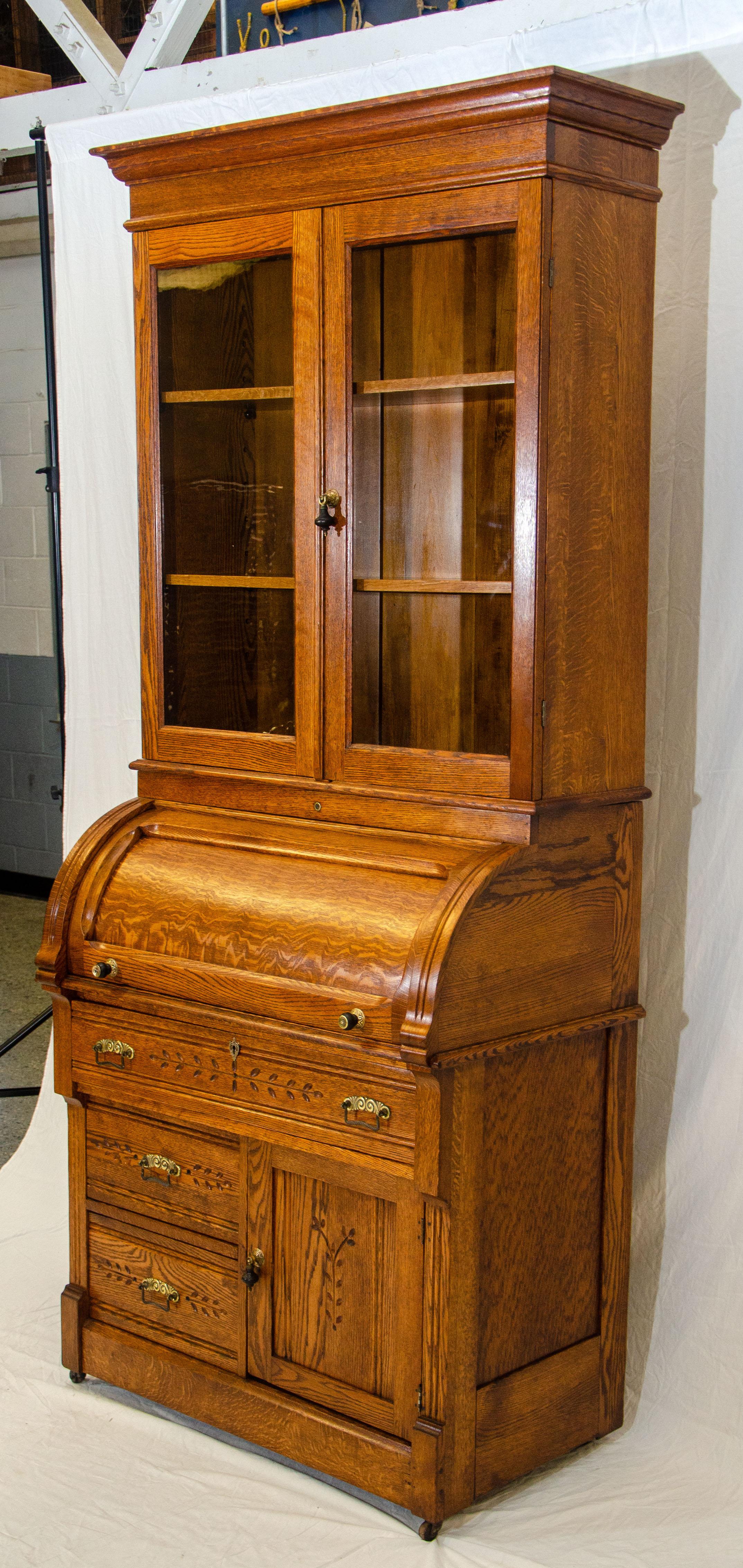 American Antique Oak Cylinder Desk with Bookcase Top, Eastlake Victorian