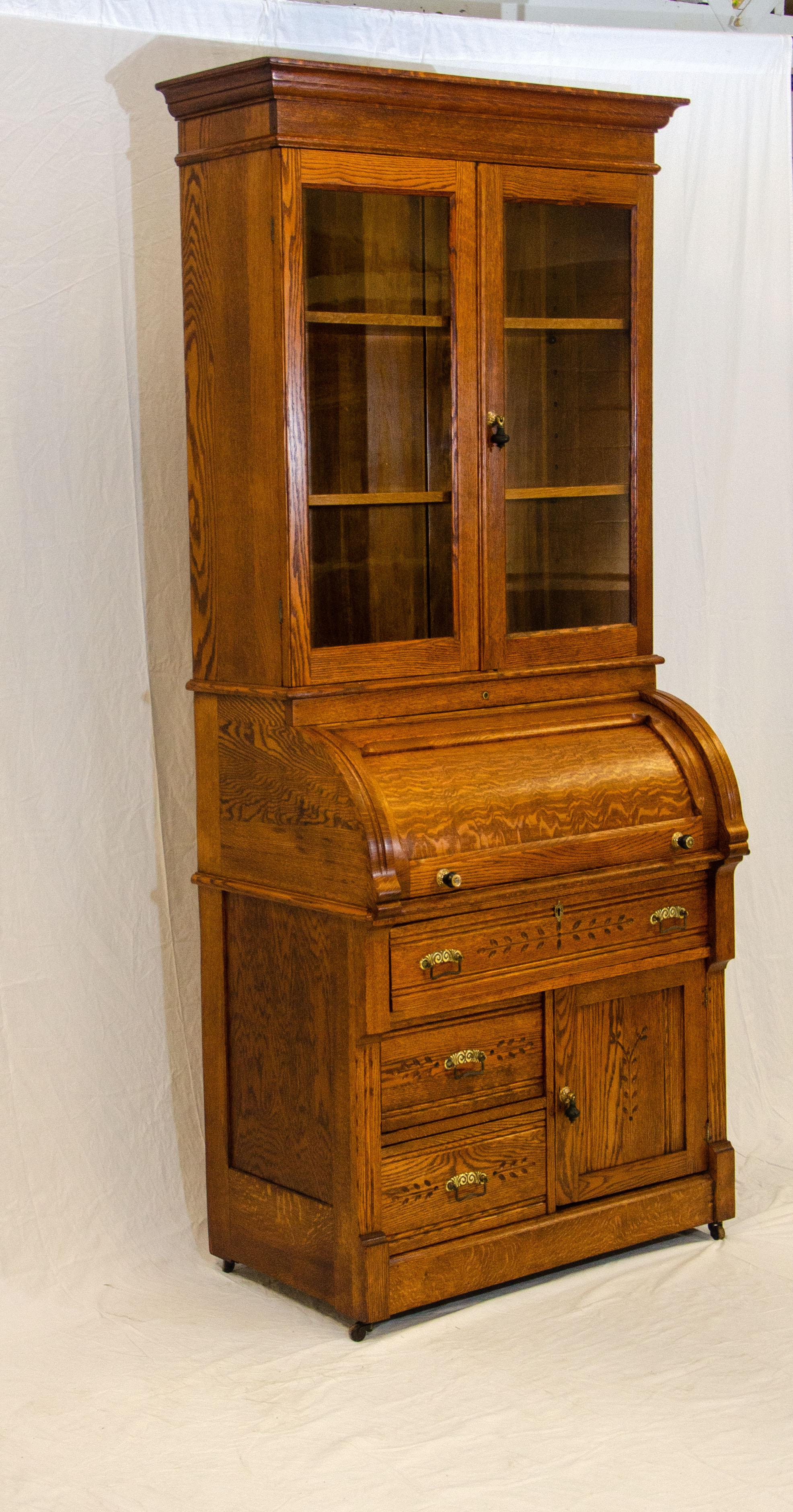 Carved Antique Oak Cylinder Desk with Bookcase Top, Eastlake Victorian