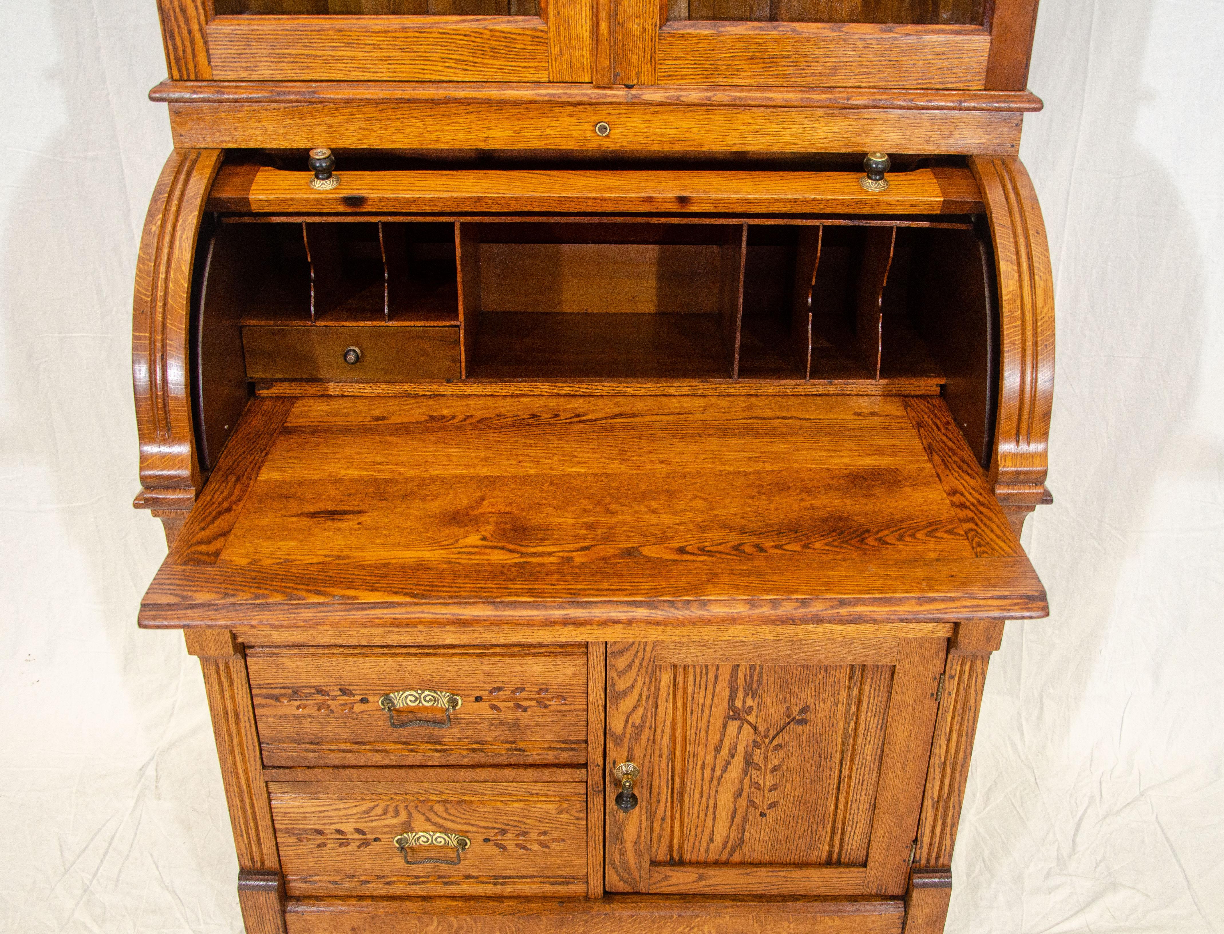 20th Century Antique Oak Cylinder Desk with Bookcase Top, Eastlake Victorian