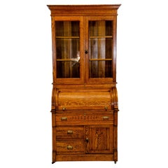 Antique Oak Cylinder Desk with Bookcase Top, Eastlake Victorian