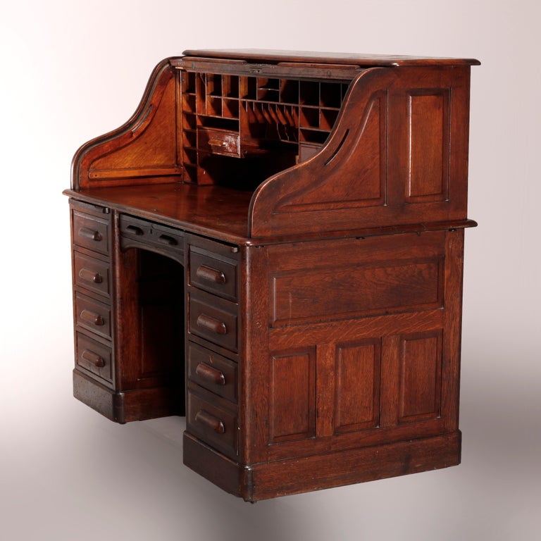 Antique Oak Derby School Raised Panel SRoll Top Desk, Circa 1900 at