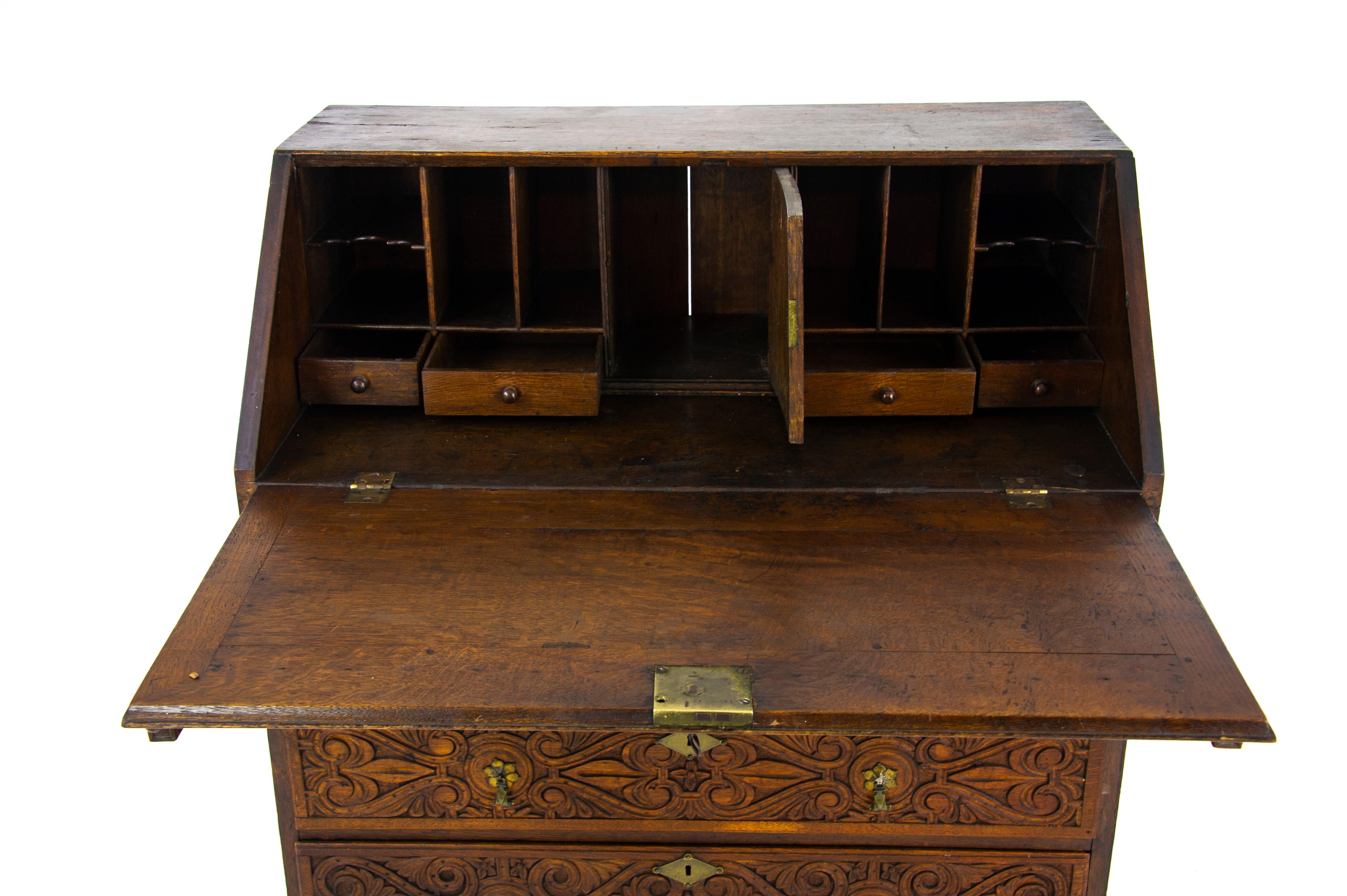 Antique Oak Desk, 18th Century Carved Oak Slant Front Desk, Scotland 1780, B1446 In Good Condition In Vancouver, BC