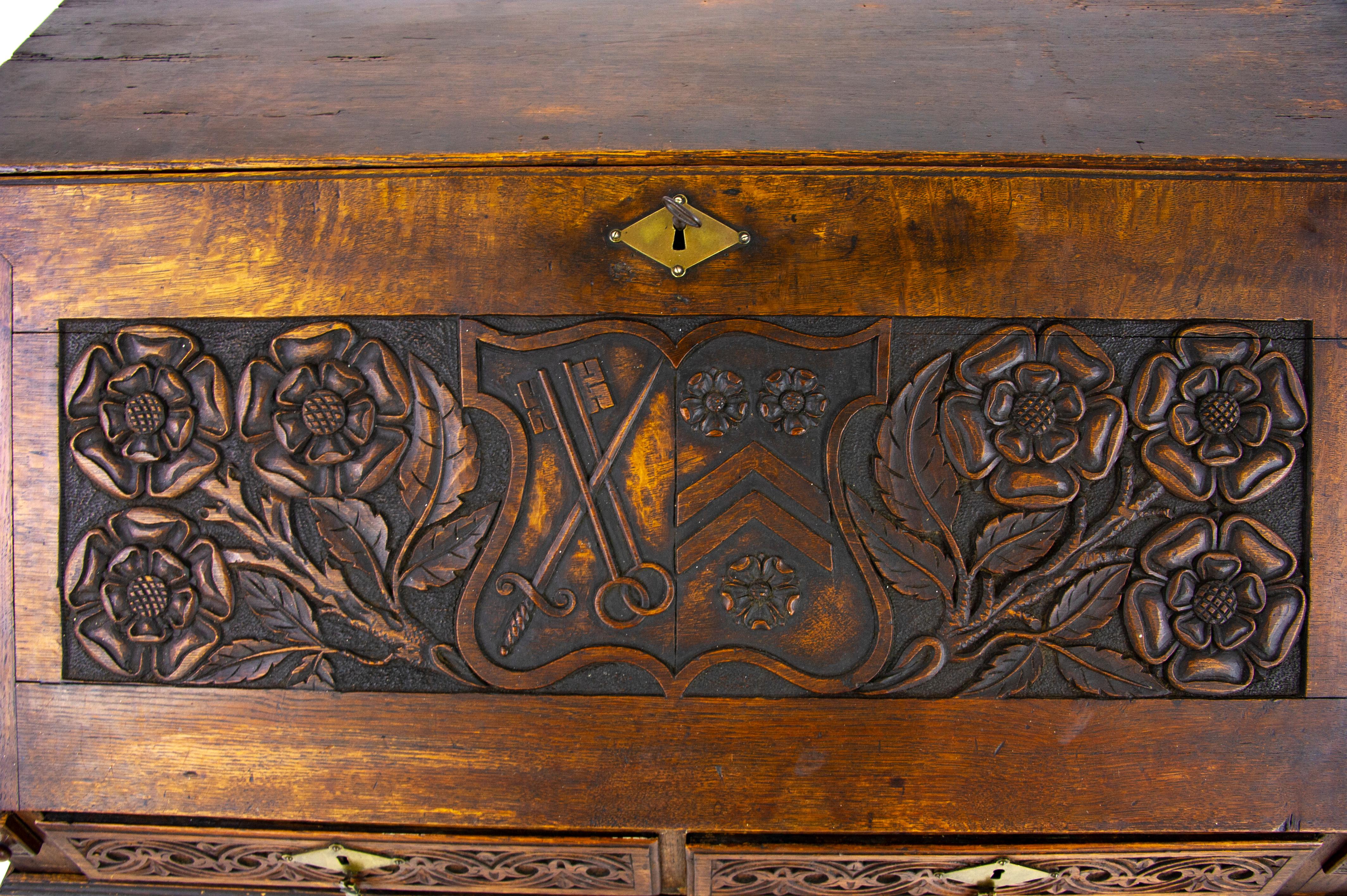 Antique Oak Desk, 18th Century Carved Oak Slant Front Desk, Scotland 1780, B1446 1