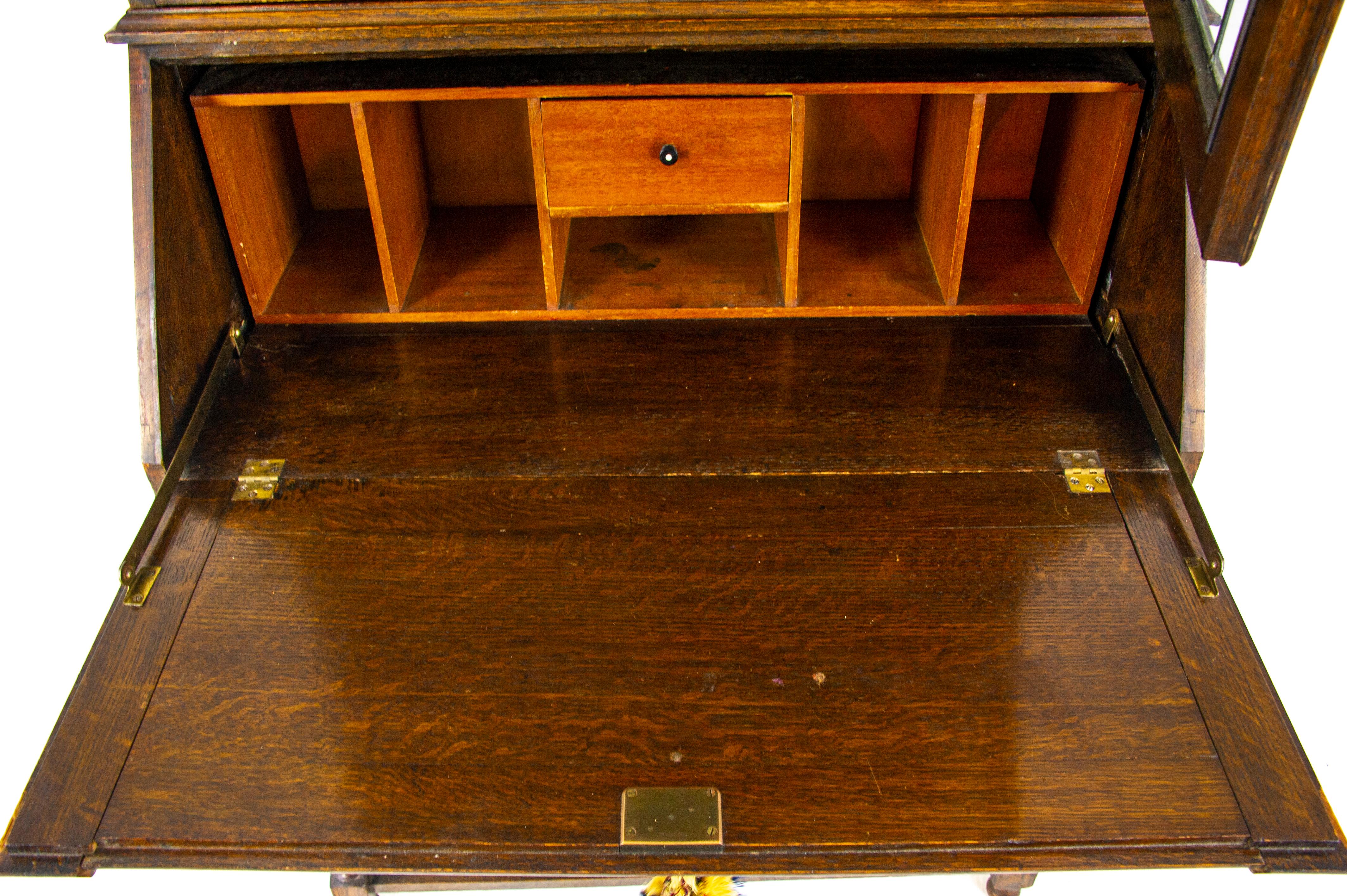 Scottish Antique Oak Desk, Antique Secretary Desk with Bookcase Top, Scotland 1920, B1450