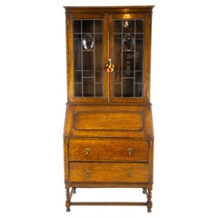 Antique Oak Desk, Antique Secretary Desk with Bookcase Top, Scotland 1920, B1450