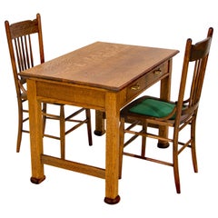 Antique Oak Desk, Breakfast or Library Table, and Two Chairs