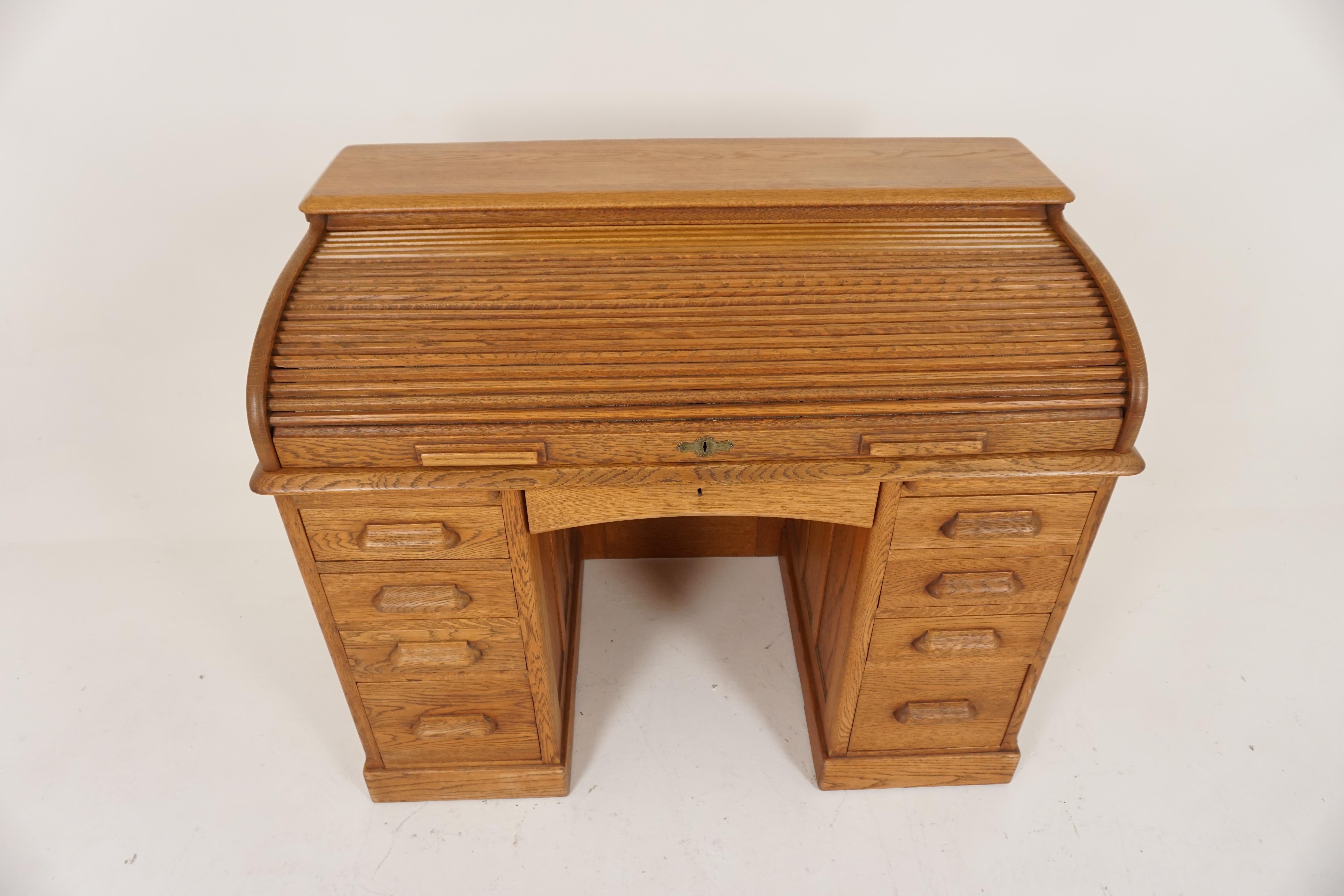 Antique oak desk, double pedestal D-end, roll top desk, England 1900, B2075

England 1900
Solid oak
Refinished 30 years ago
Rectangular top
Smooth running
Fitted with pigeon holes, drawers and pen holders
Note two pull out drawers are