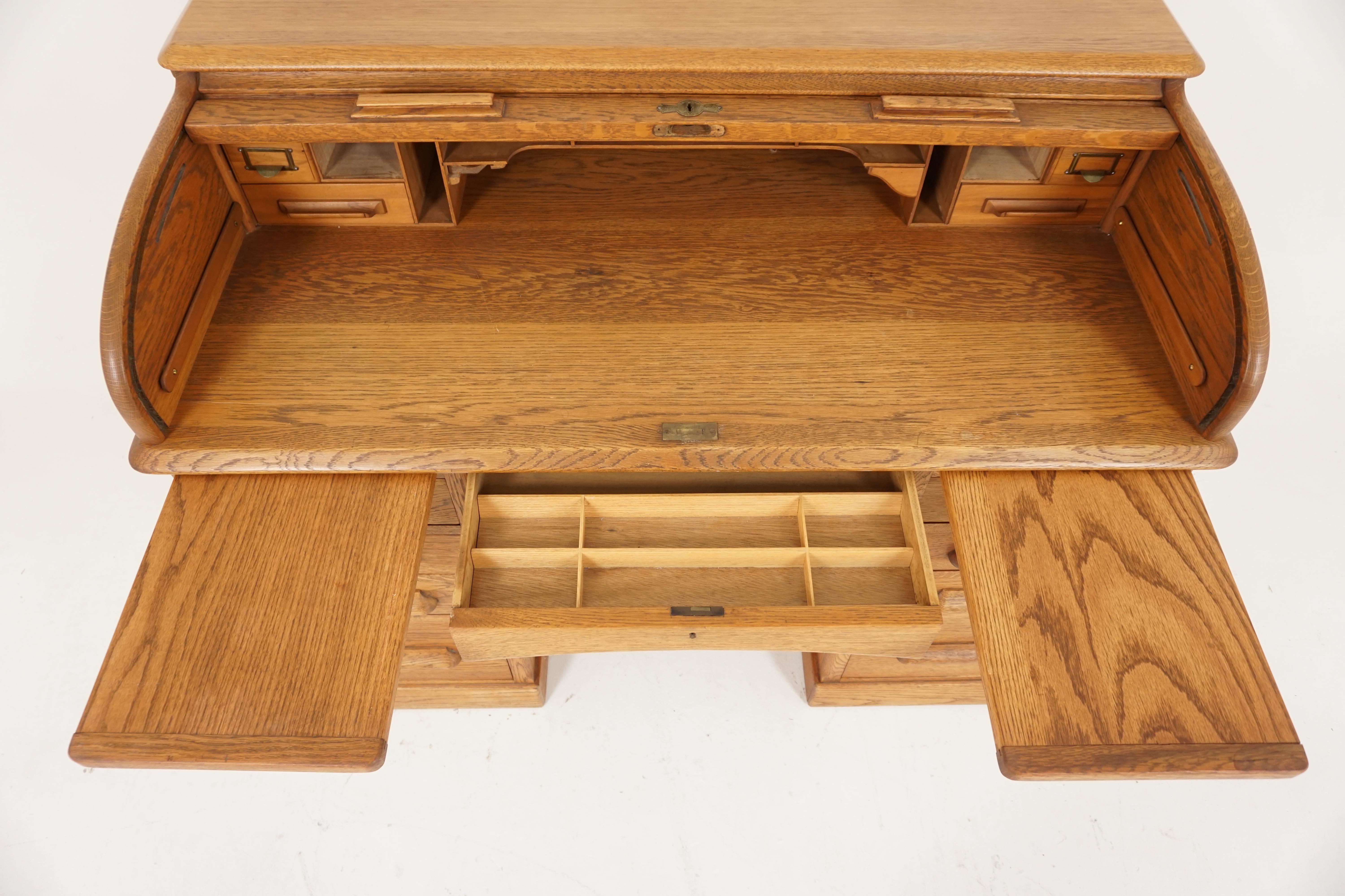English Antique Oak Desk, Double Pedestal D-End, Roll Top Desk, England 1900, B2075