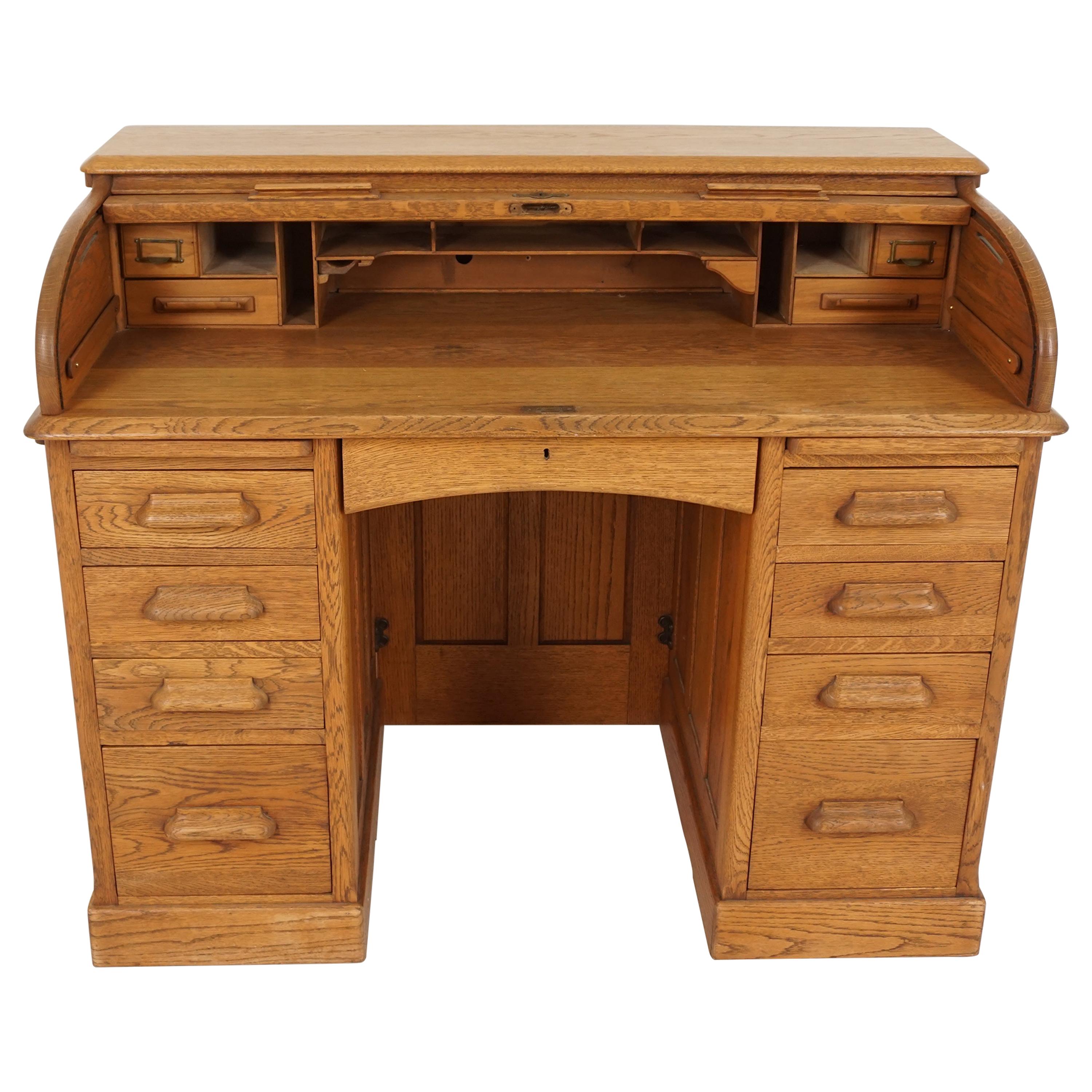 Antique Oak Desk, Double Pedestal D-End, Roll Top Desk, England 1900, B2075