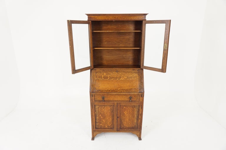 Antique Oak Desk, Drop Front Desk with Bookcase Top, Scotland 1910