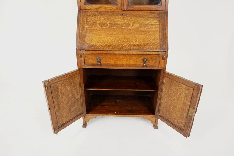 Antique Oak Desk, Drop Front Desk with Bookcase Top, Scotland 1910
