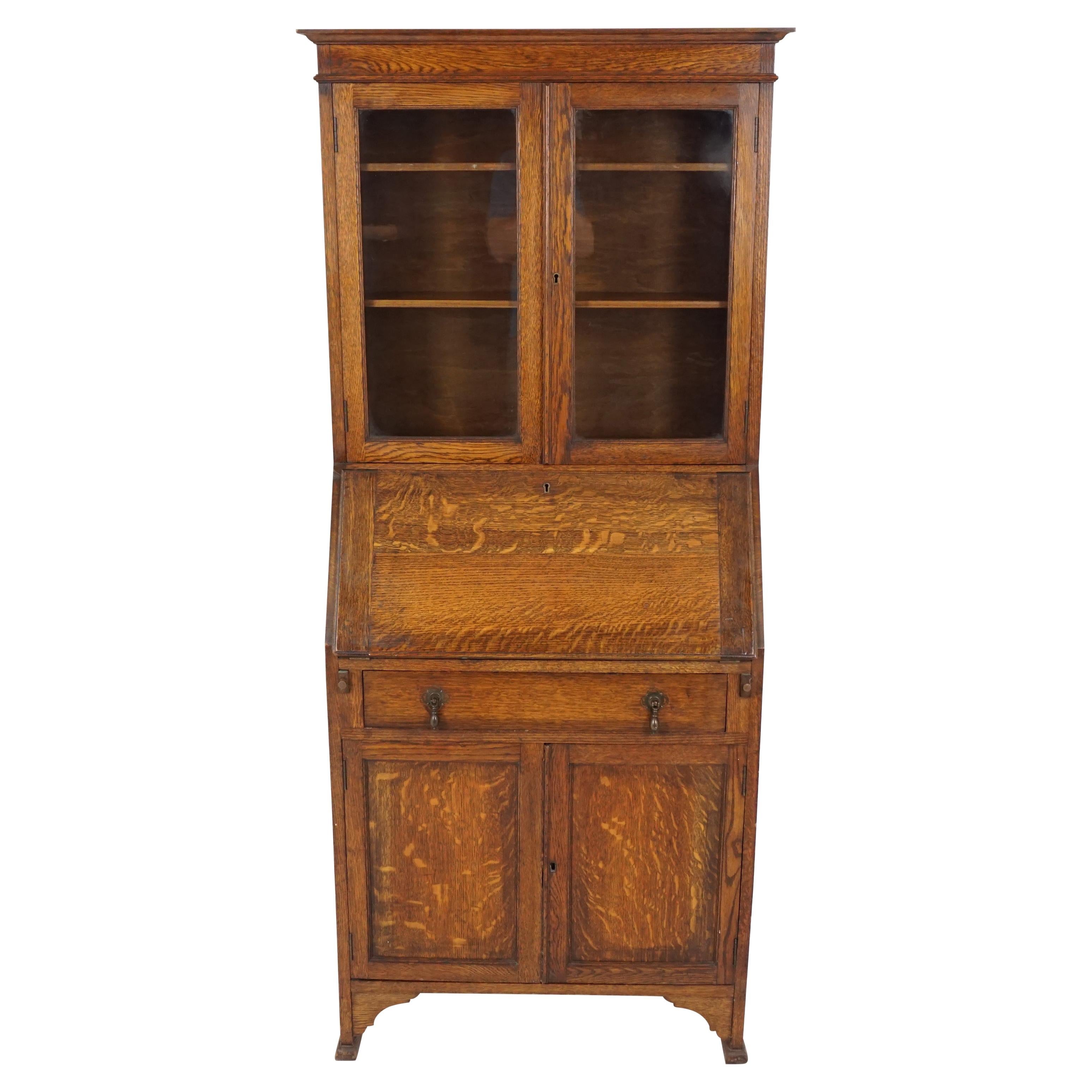 Antique Oak Desk, Drop Front Desk with Bookcase Top, Scotland 1910, B1799