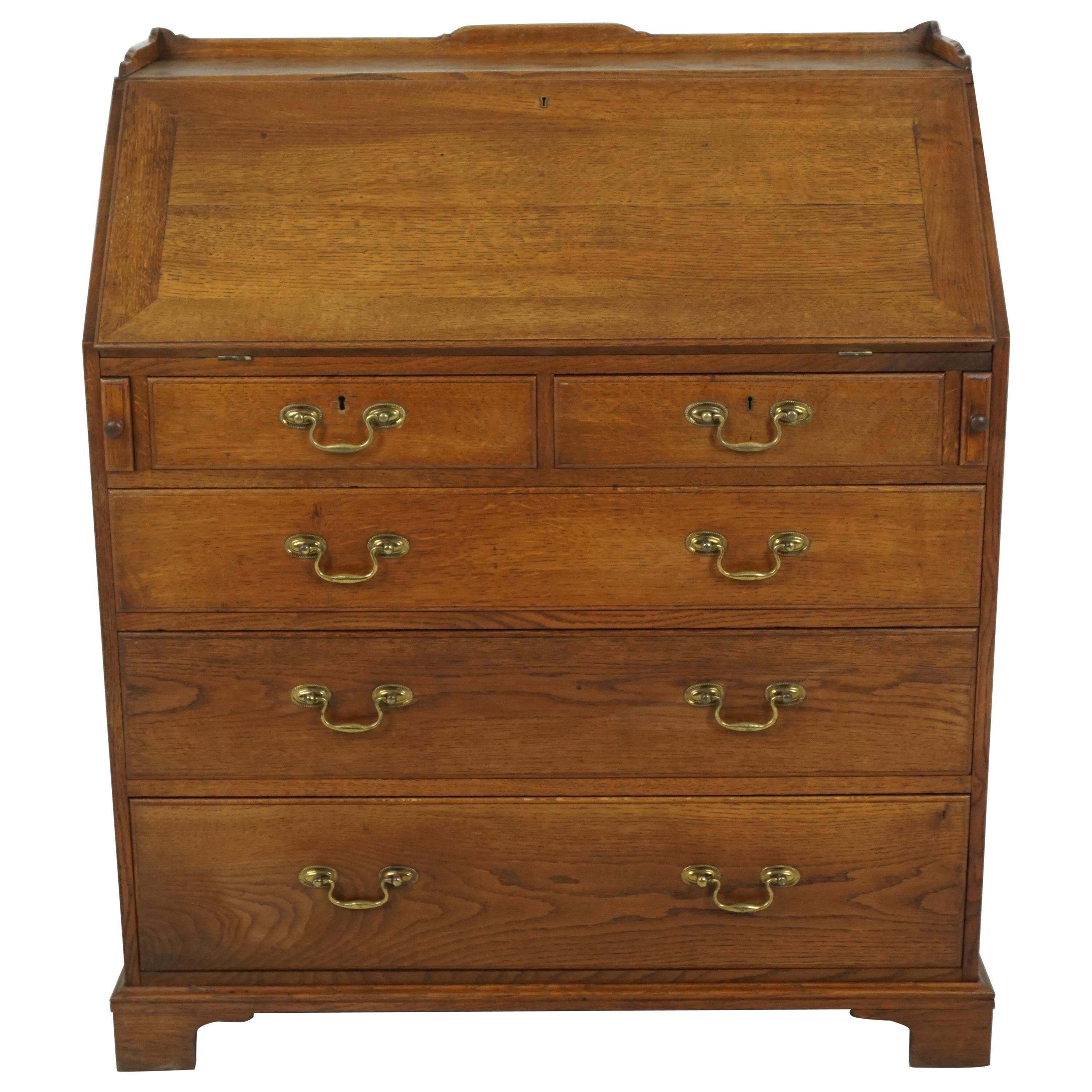 Antique Oak Desk, Edwardian Slant Front Secretary Desk, Scotland 1910, B1820