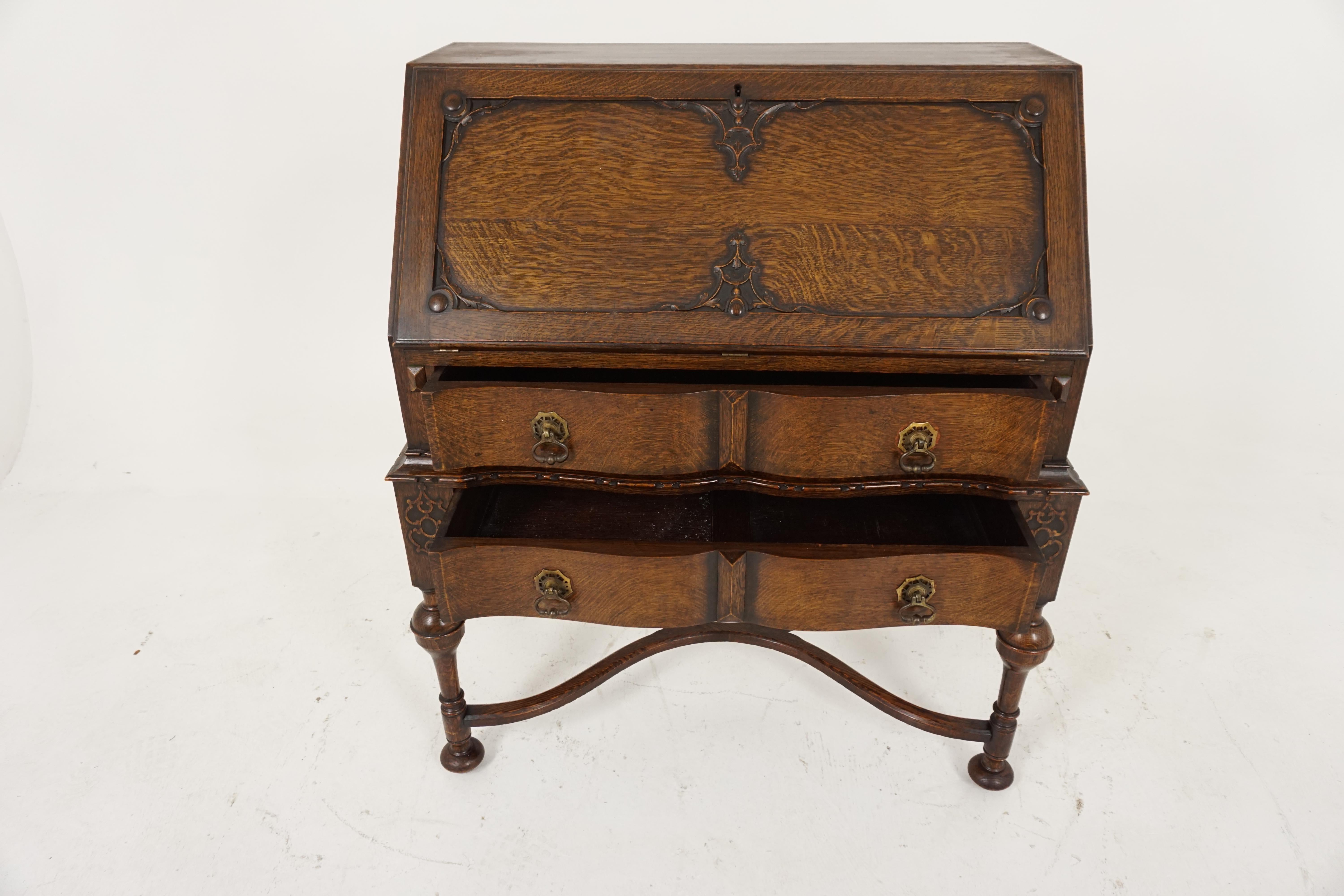 Antique Oak Desk, Fall Front Desk with Fitter Interior, Scotland 1910, B1868 1