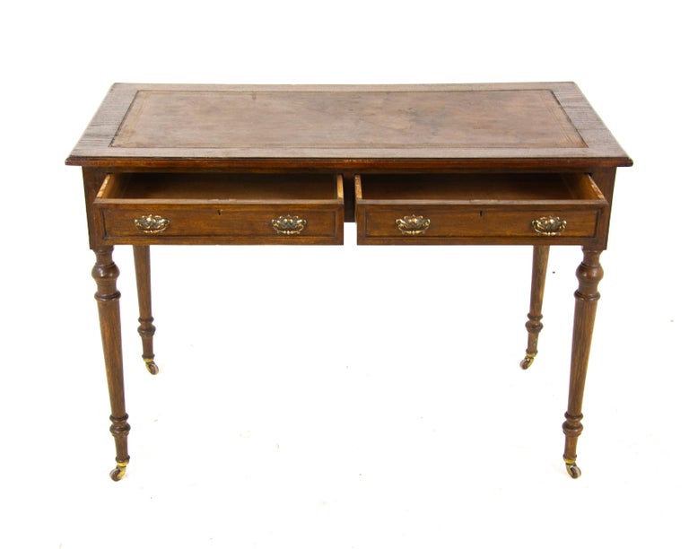 Antique Oak Desk, Scottish Leather Top Writing Table, Scotland 1900