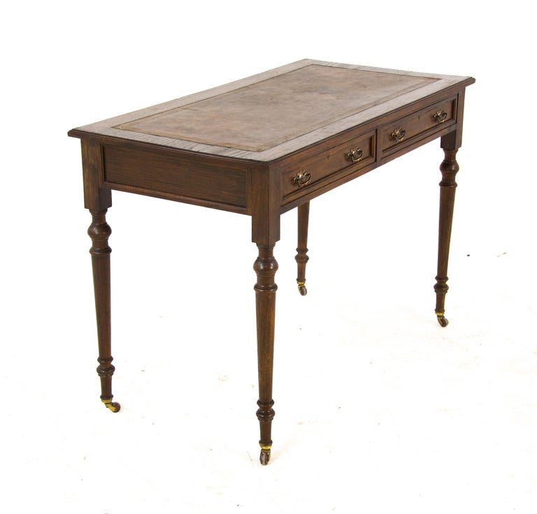 Antique Oak Desk, Scottish Leather Top Writing Table, Scotland 1900