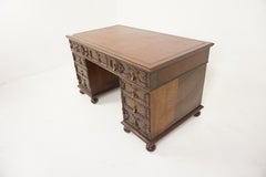 Antique Oak Double Pedestal Desk, Leather Top, Scotland 1910