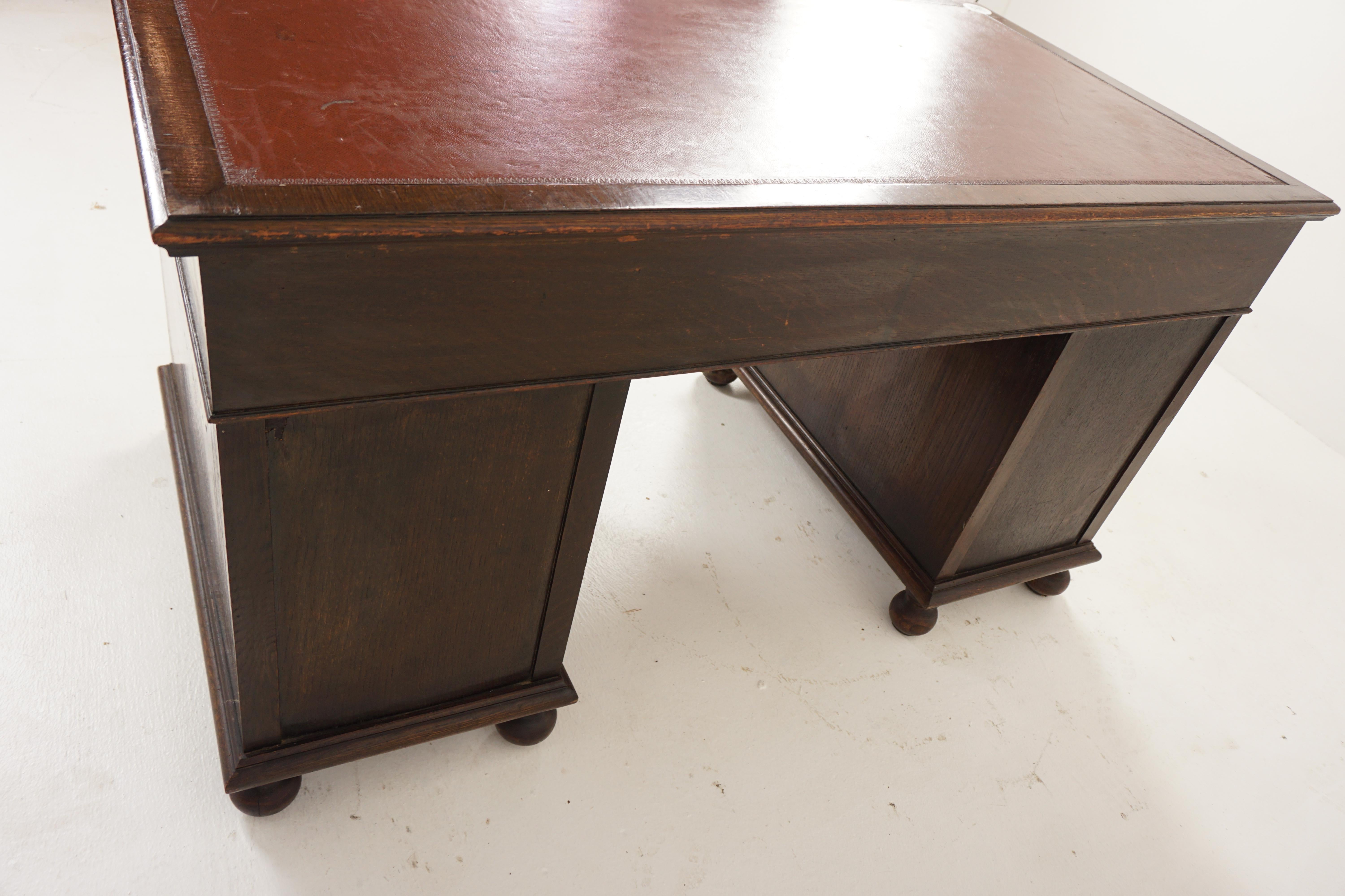 Antique Oak Double Pedestal Desk, Leather Top, Scotland 1910 For Sale 3