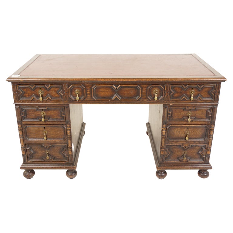 Antique Oak Double Pedestal Desk, Leather Top, Scotland 1910 For Sale